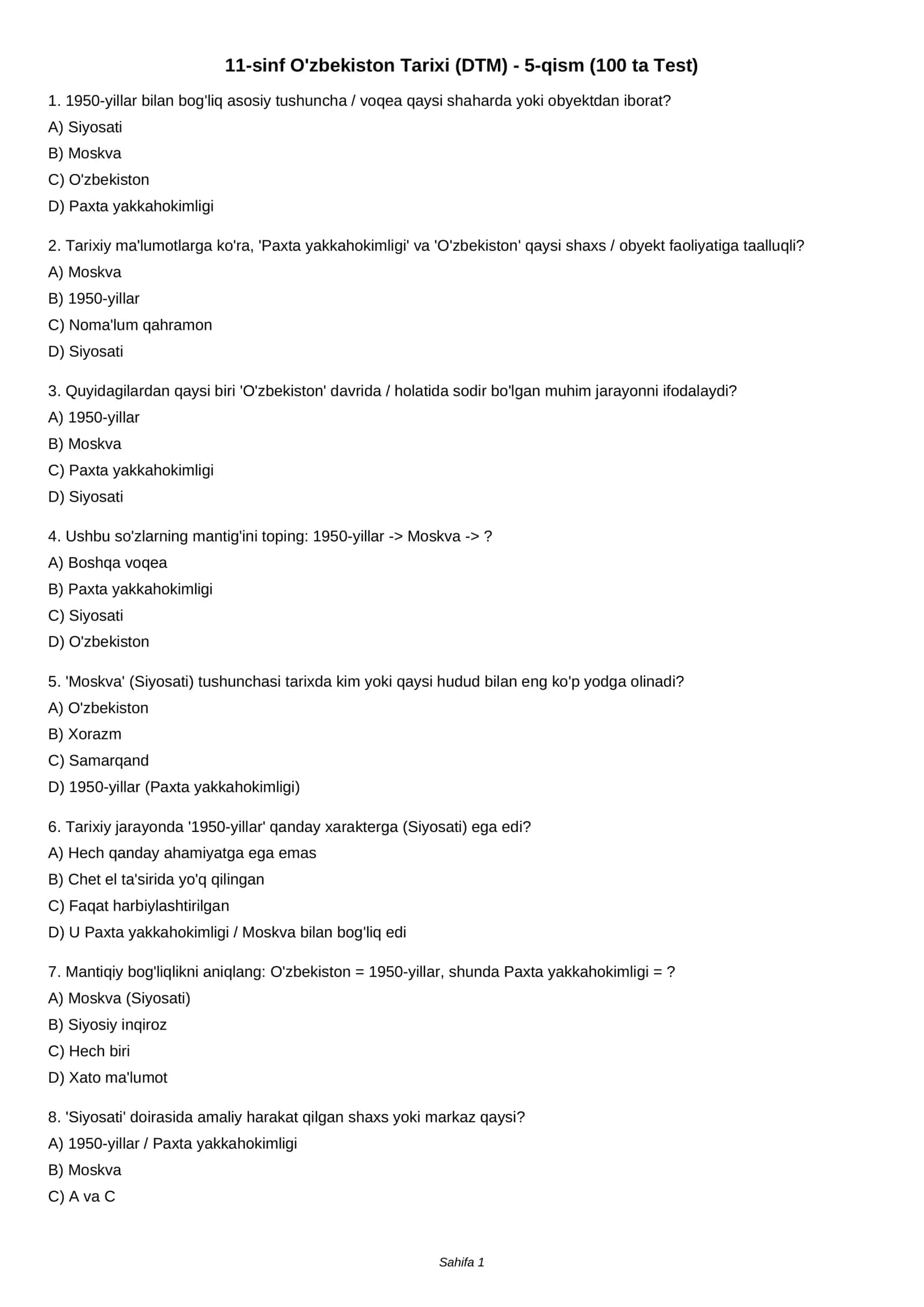 11-sinf O'zbekiston Tarixi (DTM) - 5-qism (100 ta Test)
