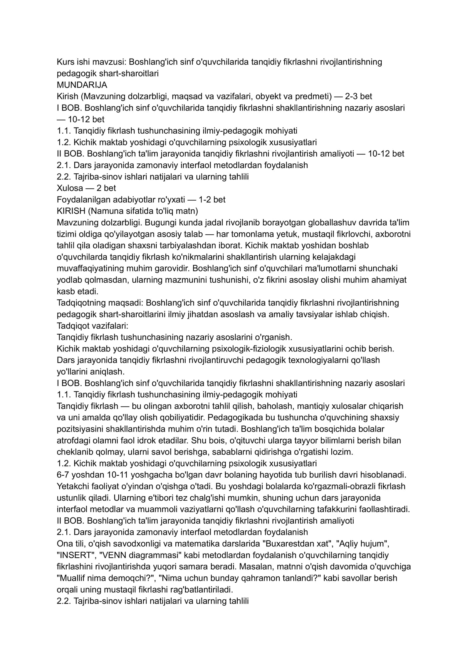 Boshlang'ich sinf o'quvchilarida tanqidiy fikrlashni rivojlantirishning pedagogik shart-sharoitlari