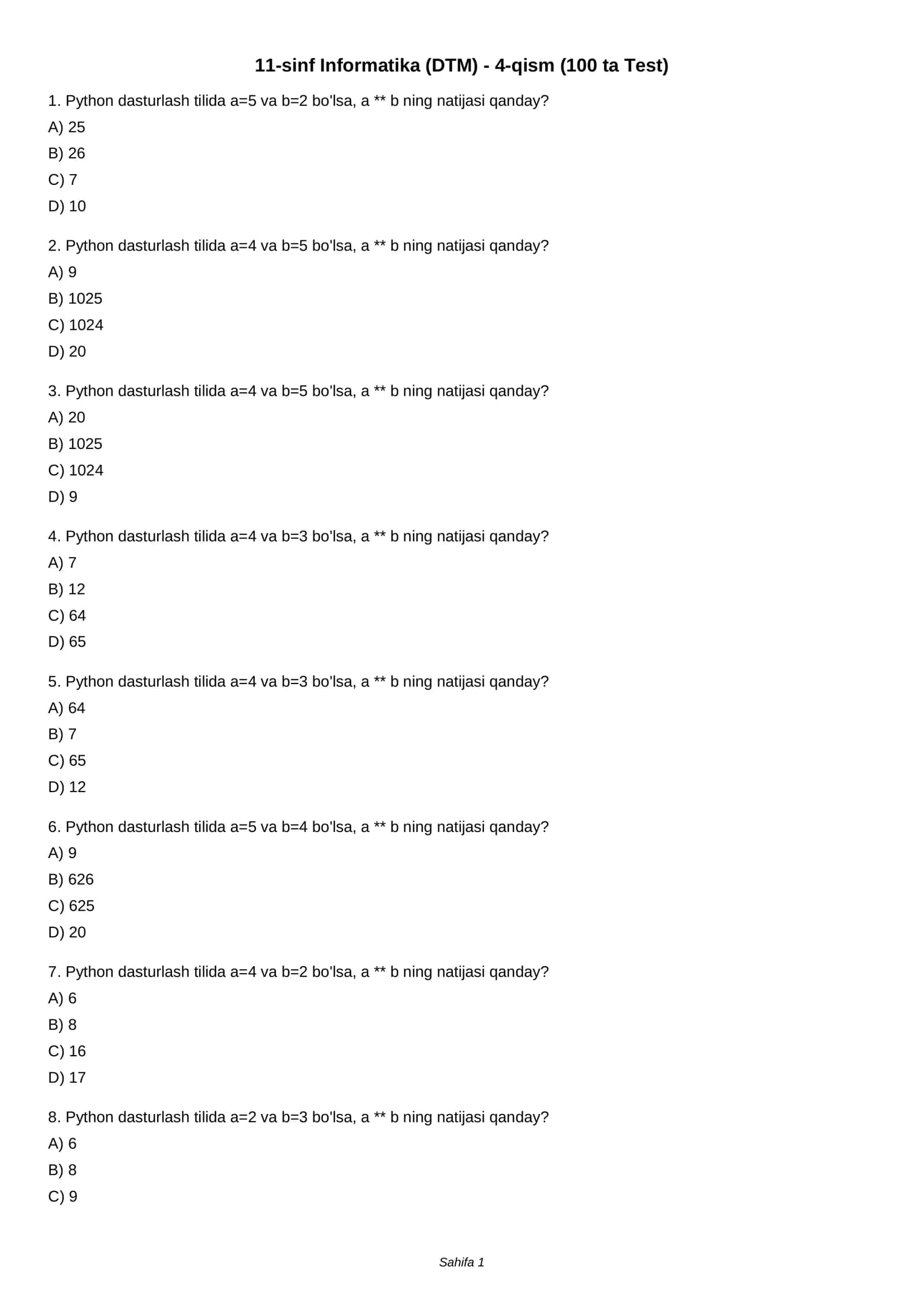 11-sinf Informatika (DTM) - 4-qism (100 ta Test)
