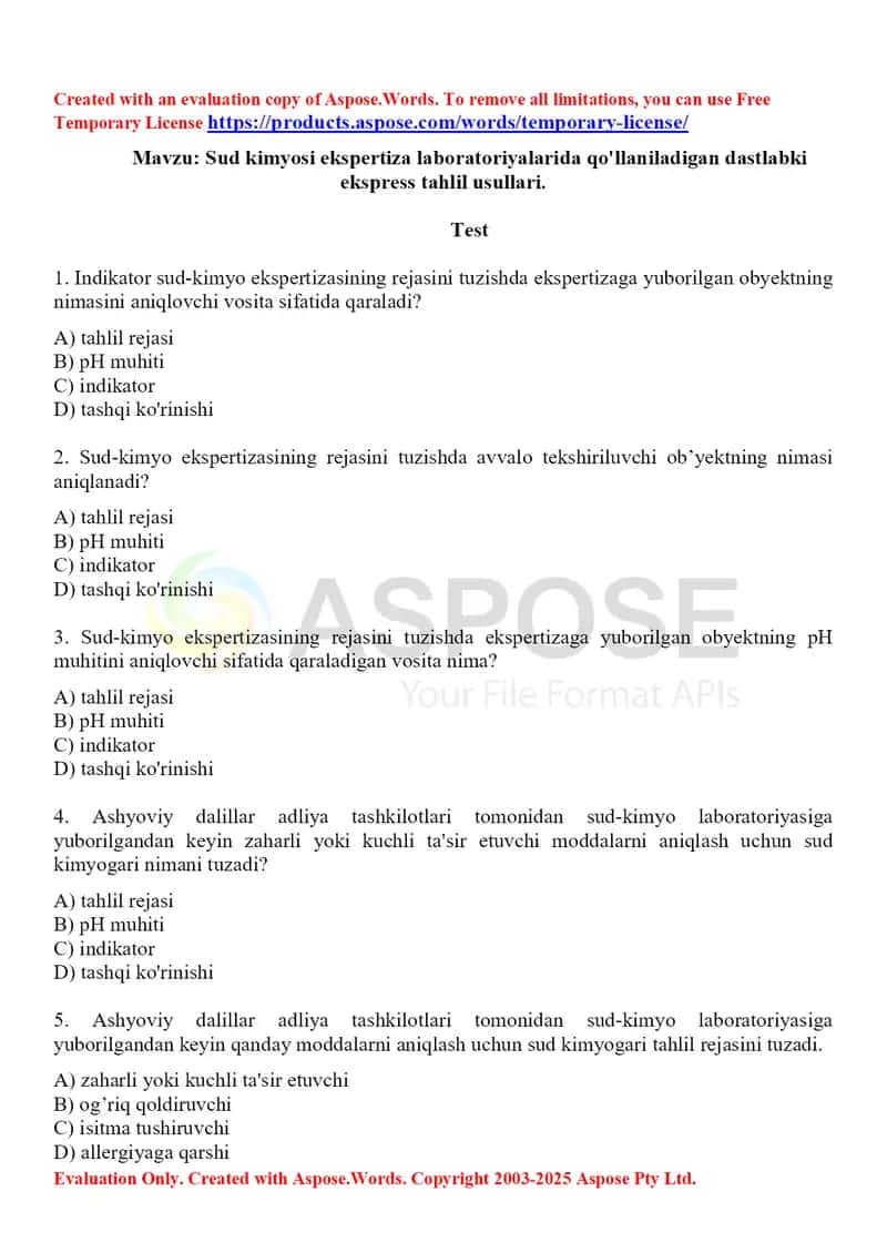 2. Sud kimyosi ekspertiza laboratoriyalarida qo'llaniladigan dastlabki ekspress tahlil usullari. Test 15 ta.