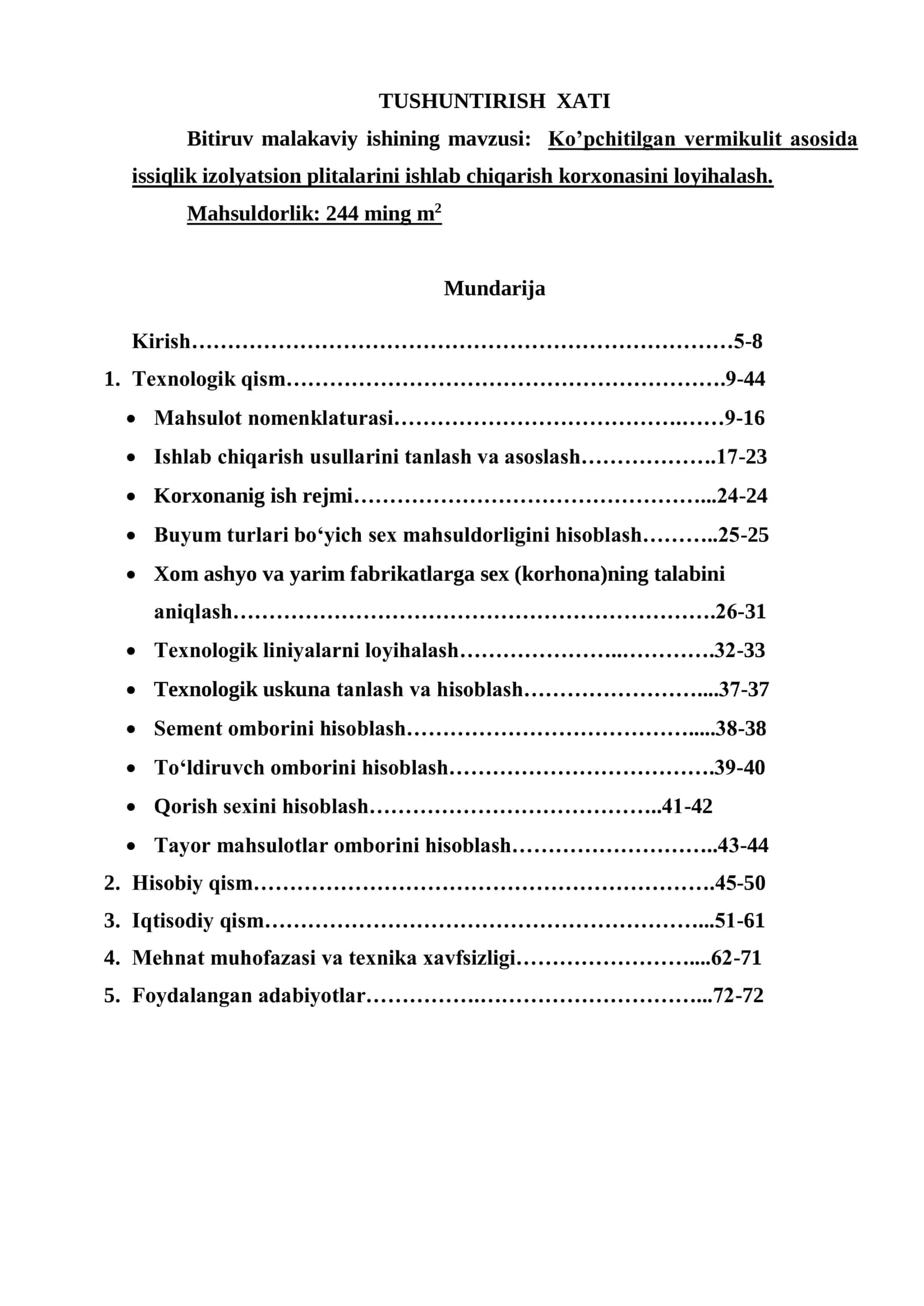 Ko’pchitilgan vermikulit asosida issiqlik izolyatsion plitalarin