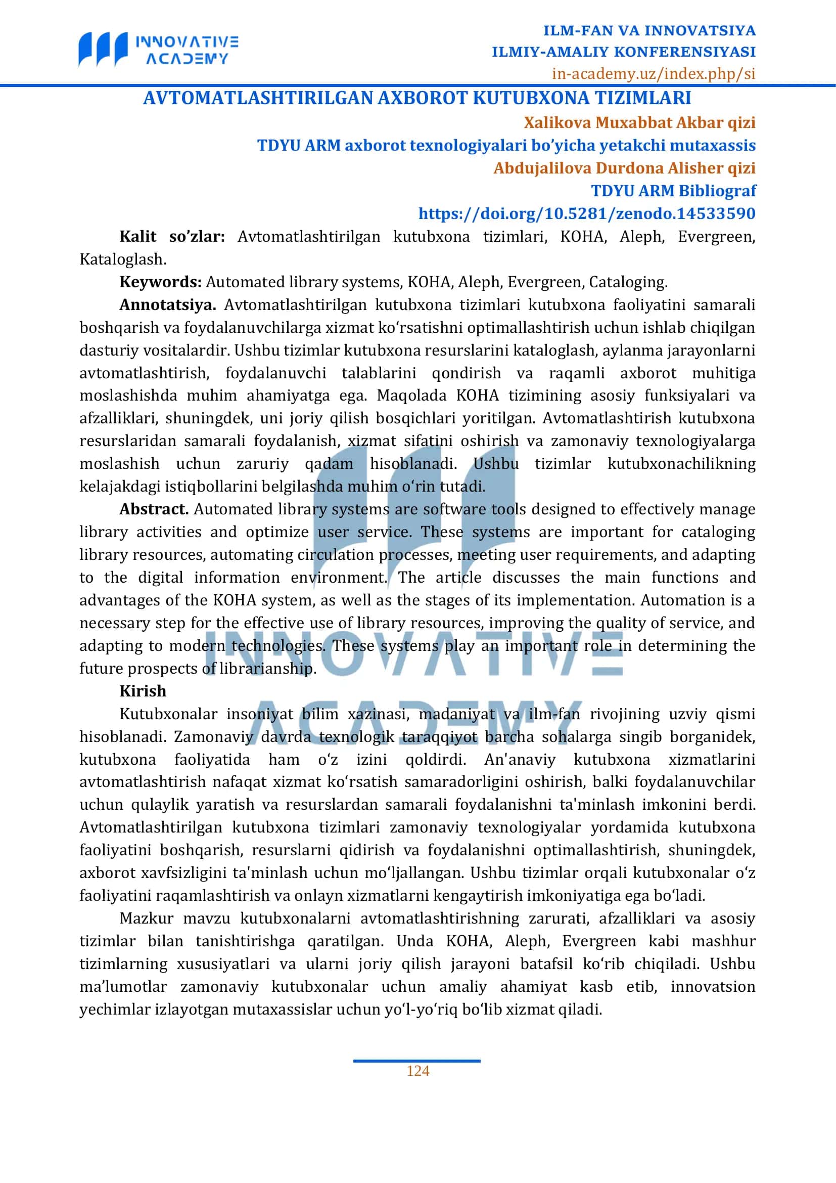 Avtomatlashtirilgan axborot kutubxona tizimi