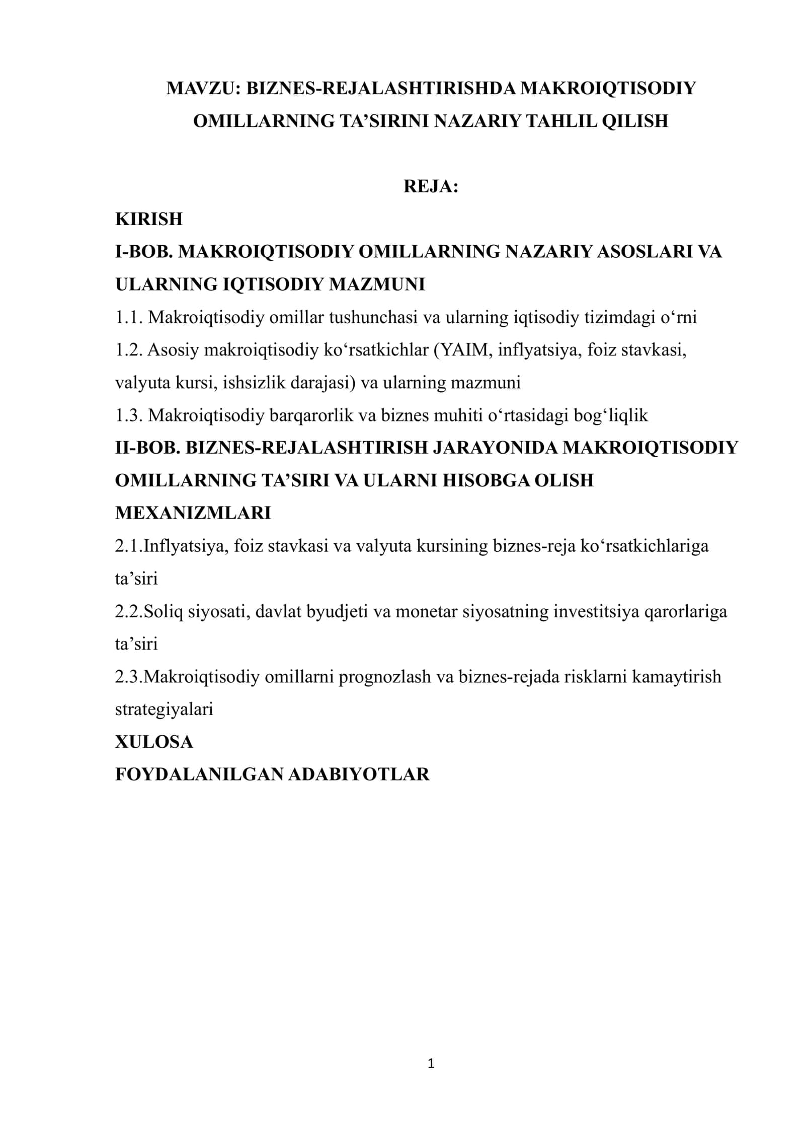 BIZNES-REJALASHTIRISHDA MAKROIQTISODIY OMILLARNING TA’SIRINI NAZARIY TAHLIL QILISH