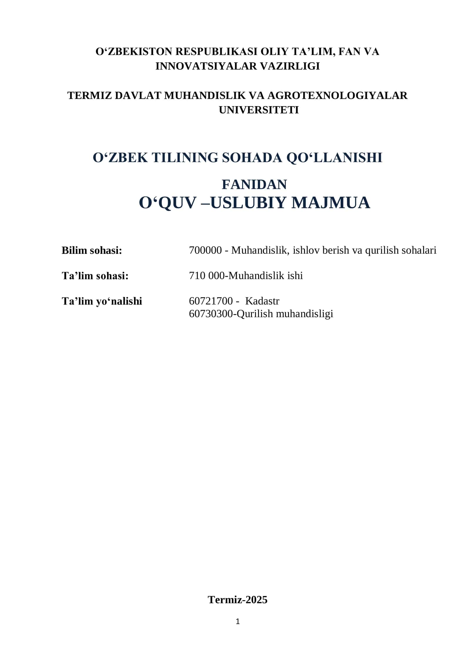 O'zbek tilining sohada qo'llanilishi O'quv–uslubiy majmua
