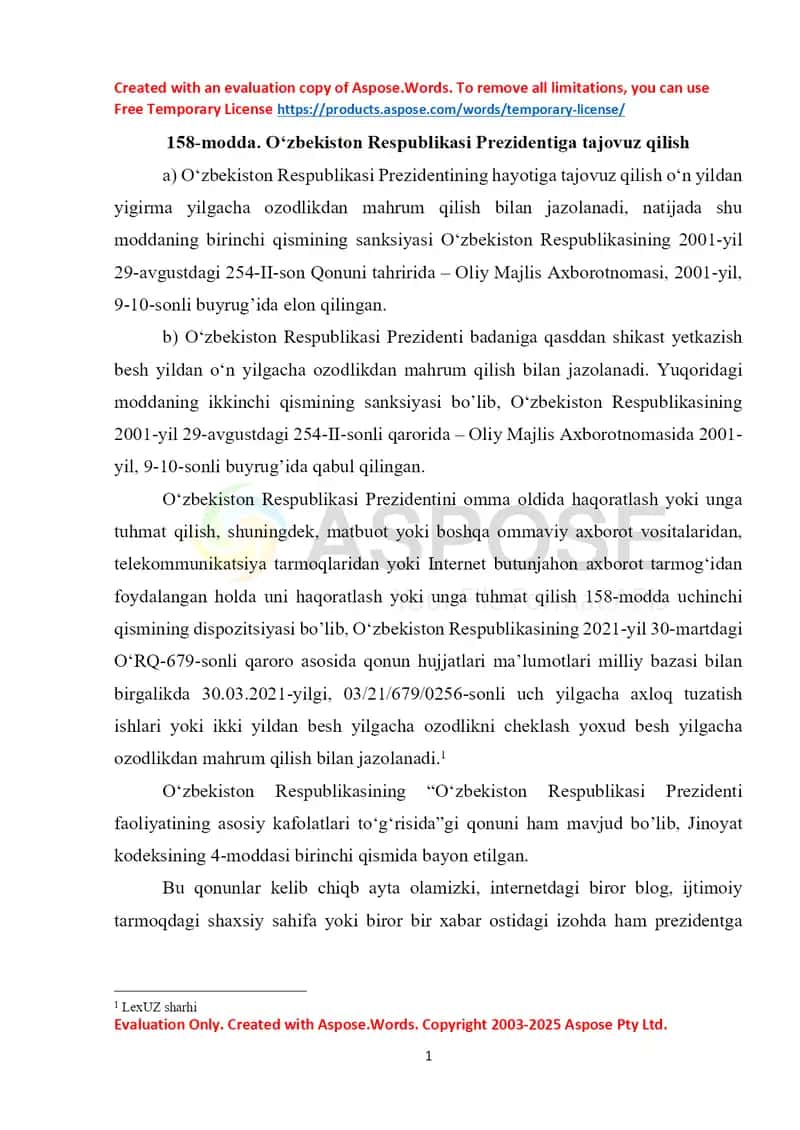 O'zbekiston Respublikasi Prezidentiga tajovuz qilish