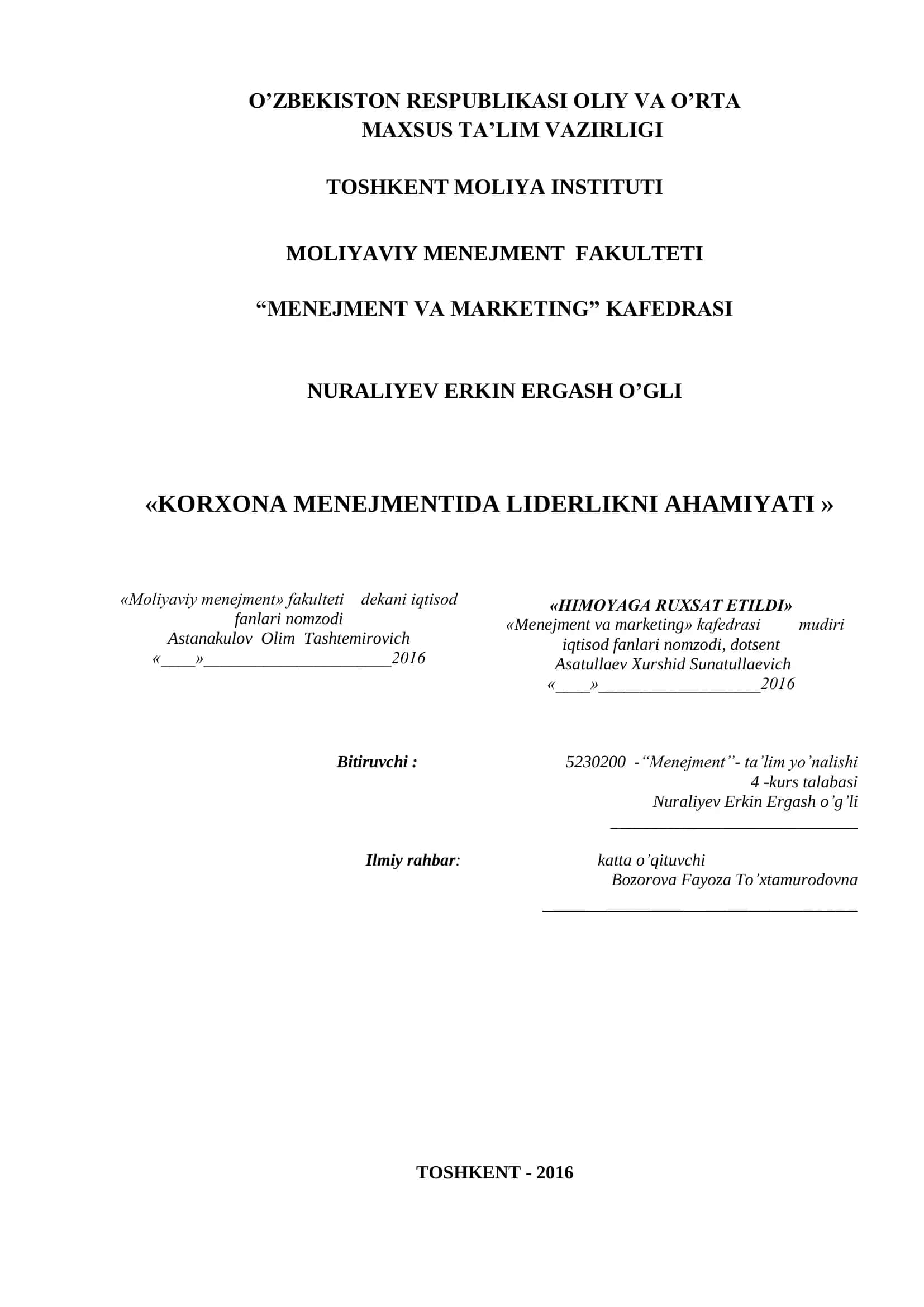KORXONA MENEJMENTIDA LIDERLIKNI AHAMIYATI