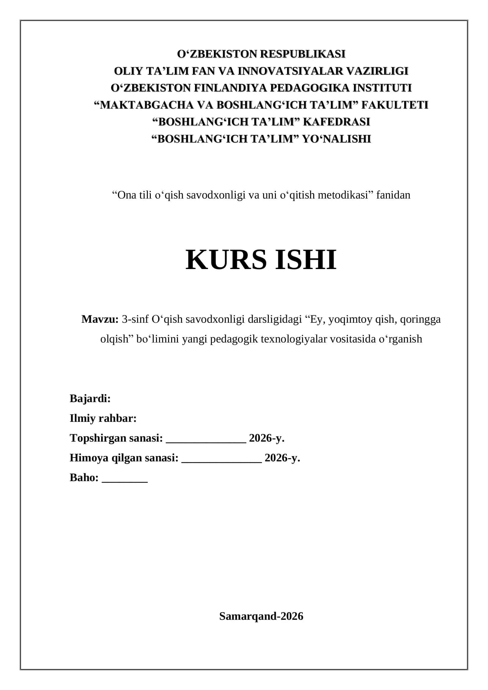 "Ona tili oʻqish savodxonligi va uni oʻqitish metodikasi"