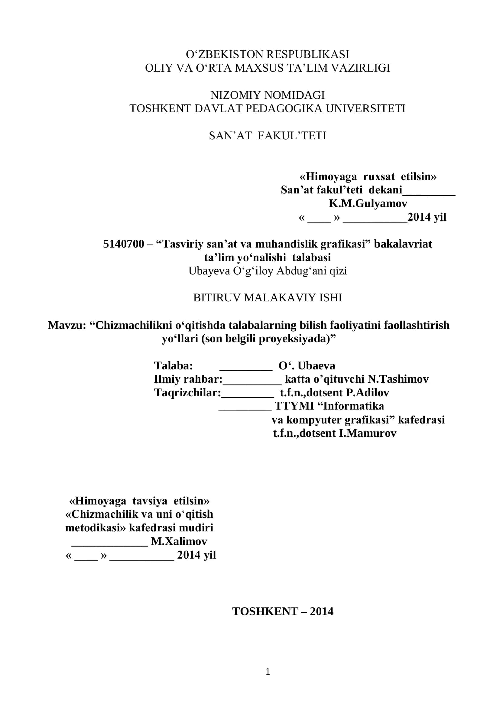Tasviriy san‟at va muhandislik grafikasi bakalavriat ta‟lim yo„nalishi talabasi BITIRUV MALAKAVIY ISHI