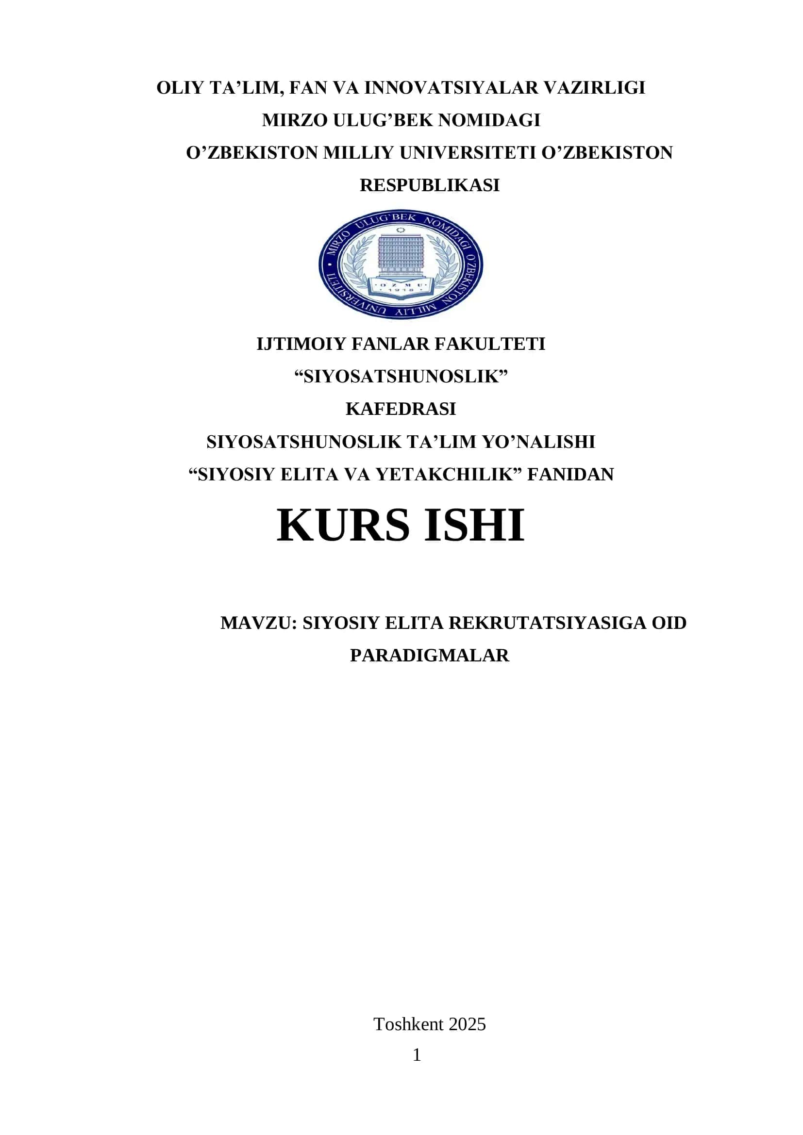 SIYOSIY ELITA REKRUTATSIYASIGA OID PARADIGMALAR