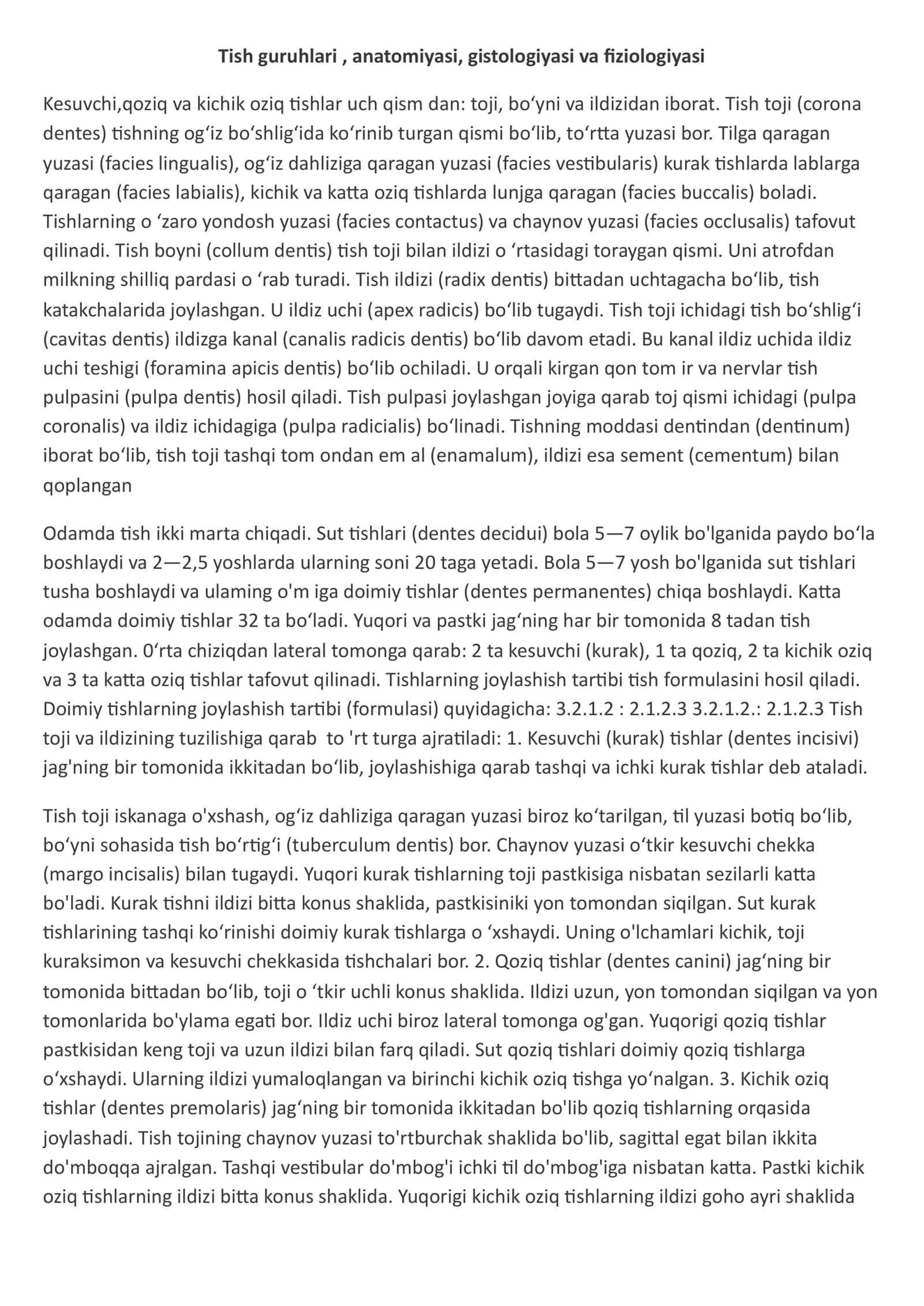 tishning anatomik va Gistalogik tuzilishi