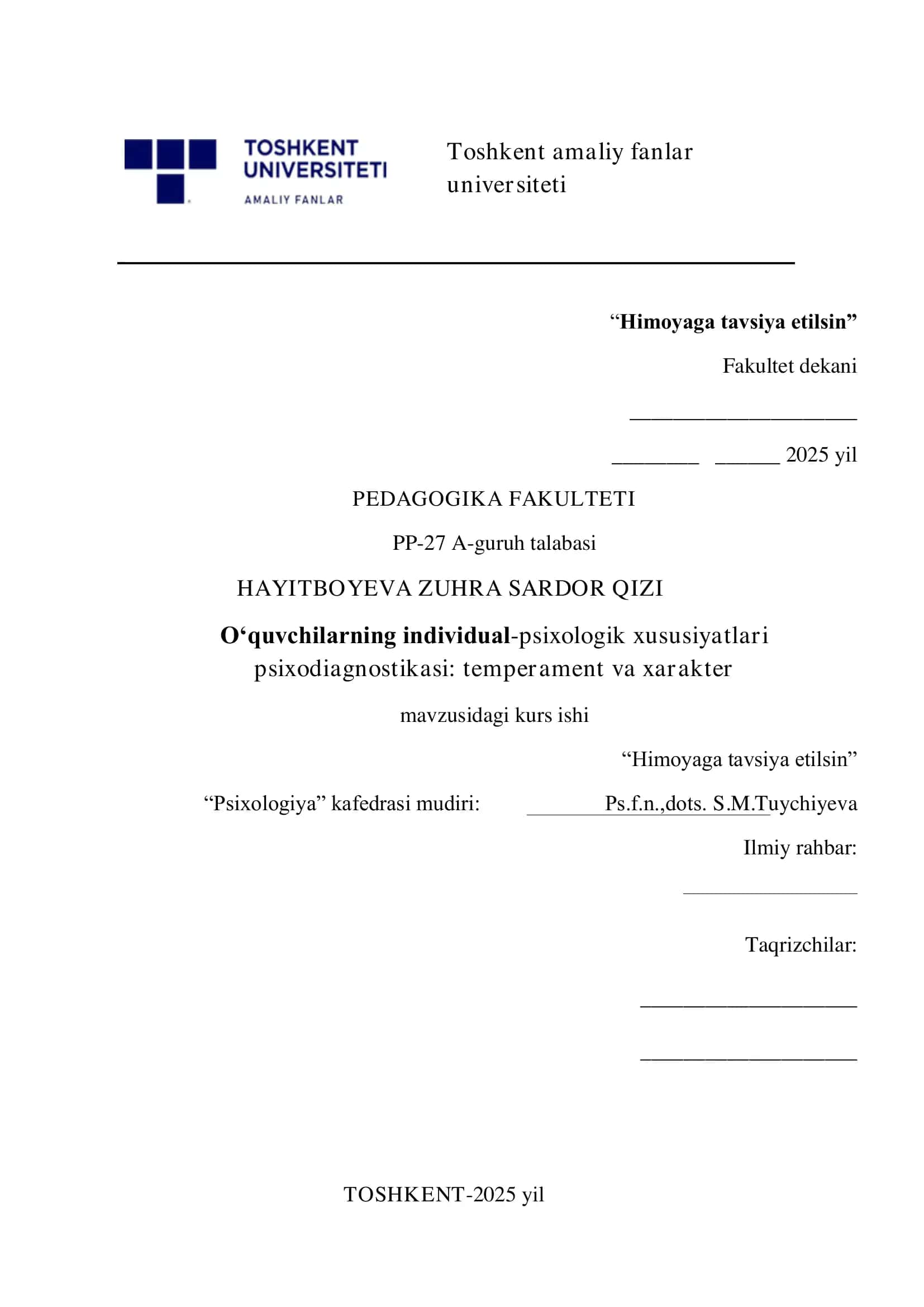 O‘quvchilarning individual-psixologik xususiyatlari
psixodiagnostikasi: temperament va xarakter