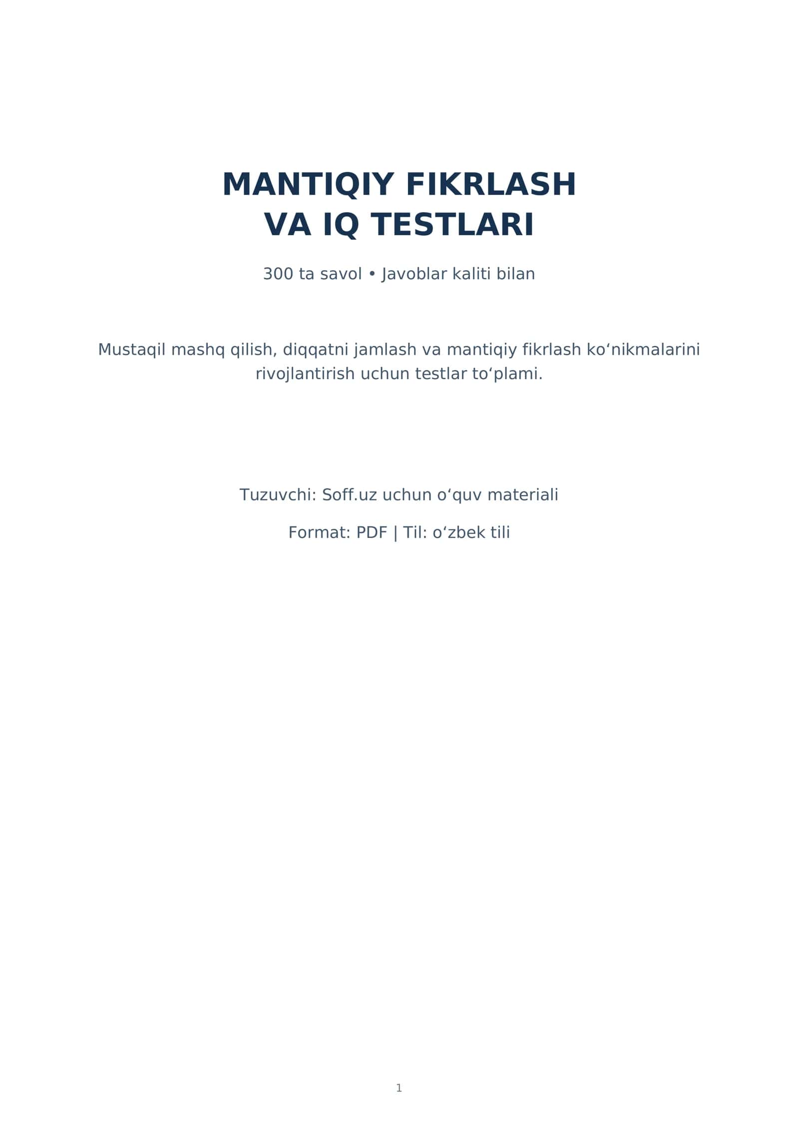 Mantiqiy fikrlash va IQ testlari — 300 ta savol va javoblar
