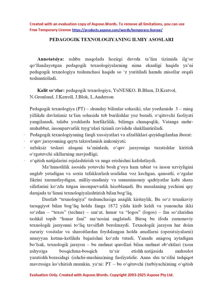 PEDAGOGIK TEXNOLOGIYANING ILMIY ASOSLARI