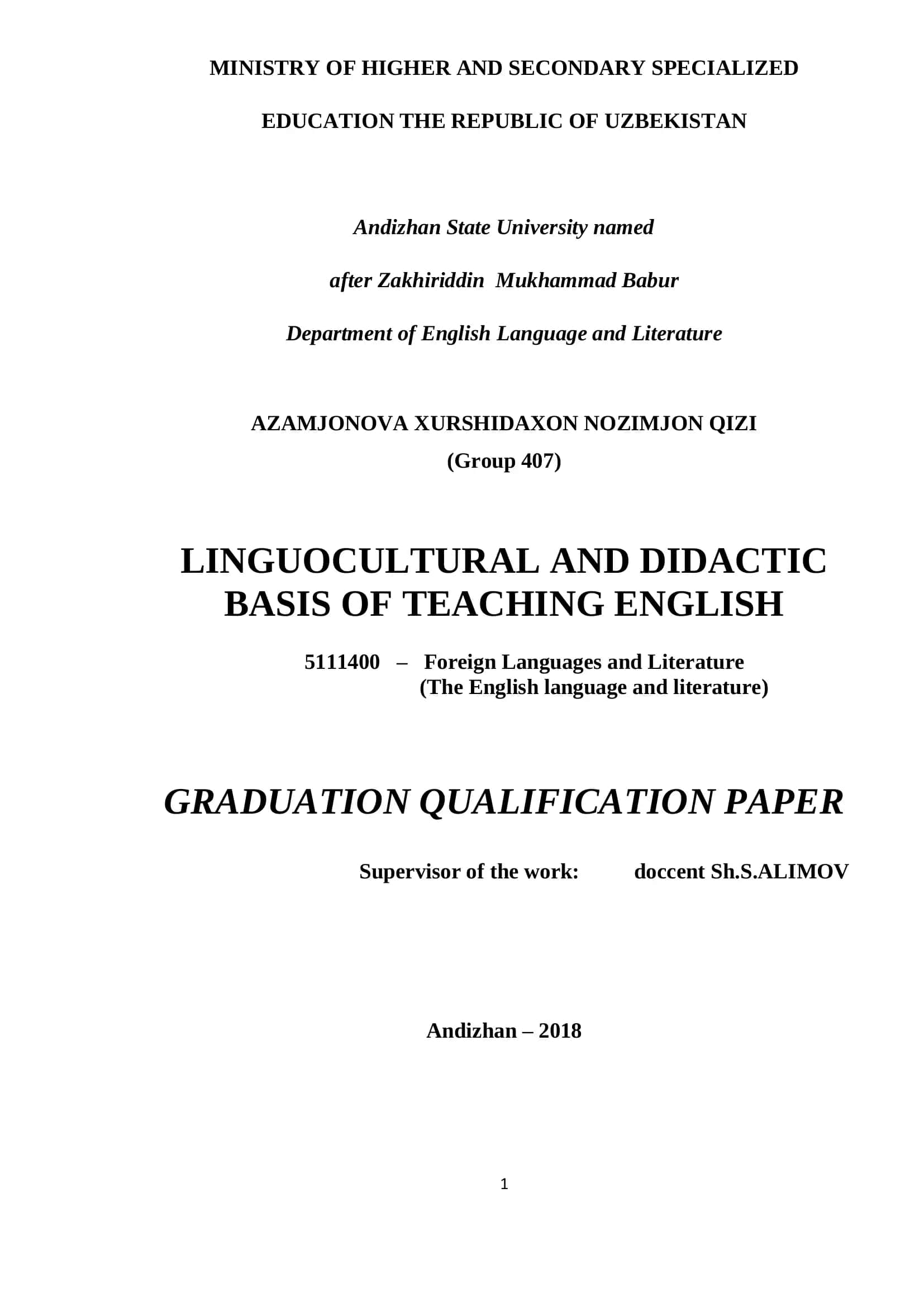 LINGUOCULTURAL AND DIDACTIC BASIS OF TEACHING ENGLISH