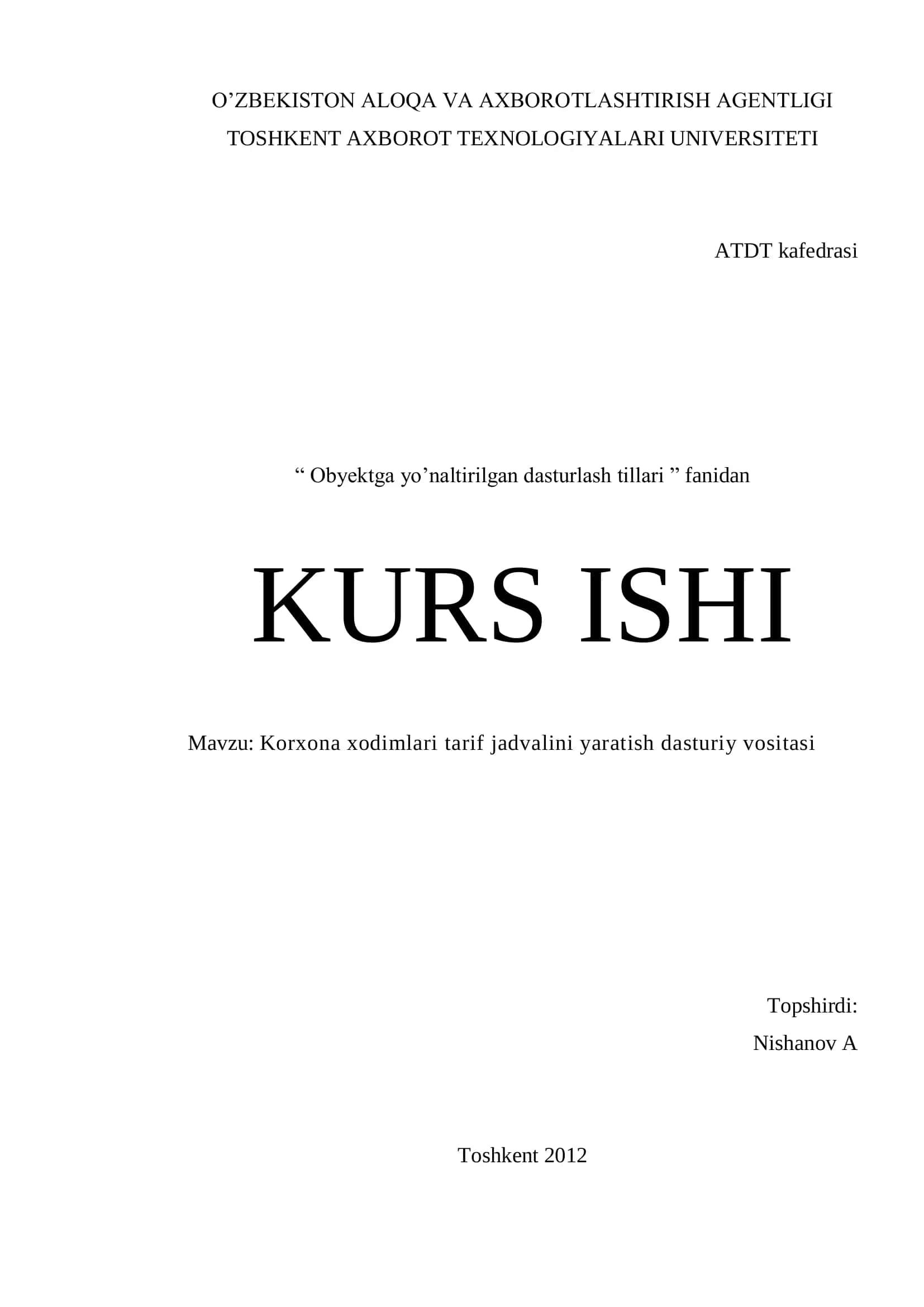 Korxona xodimlari tarif jadvalini yaratish dasturiy vositasi
