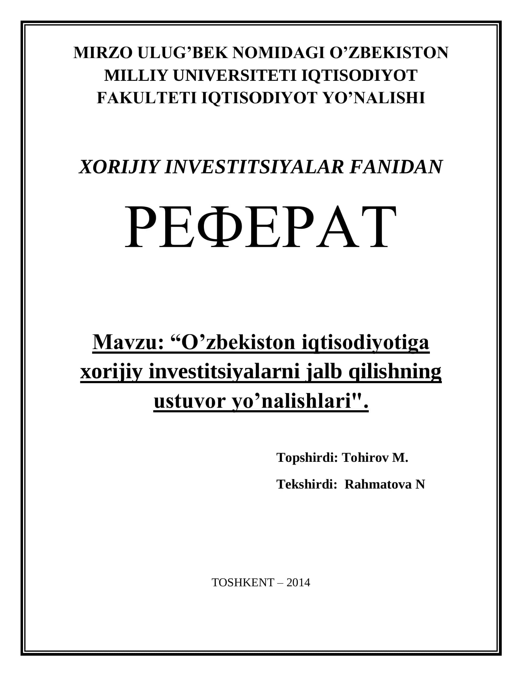 XORIJIY INVESTITSIYALAR FANIDAN РЕФЕРАТ