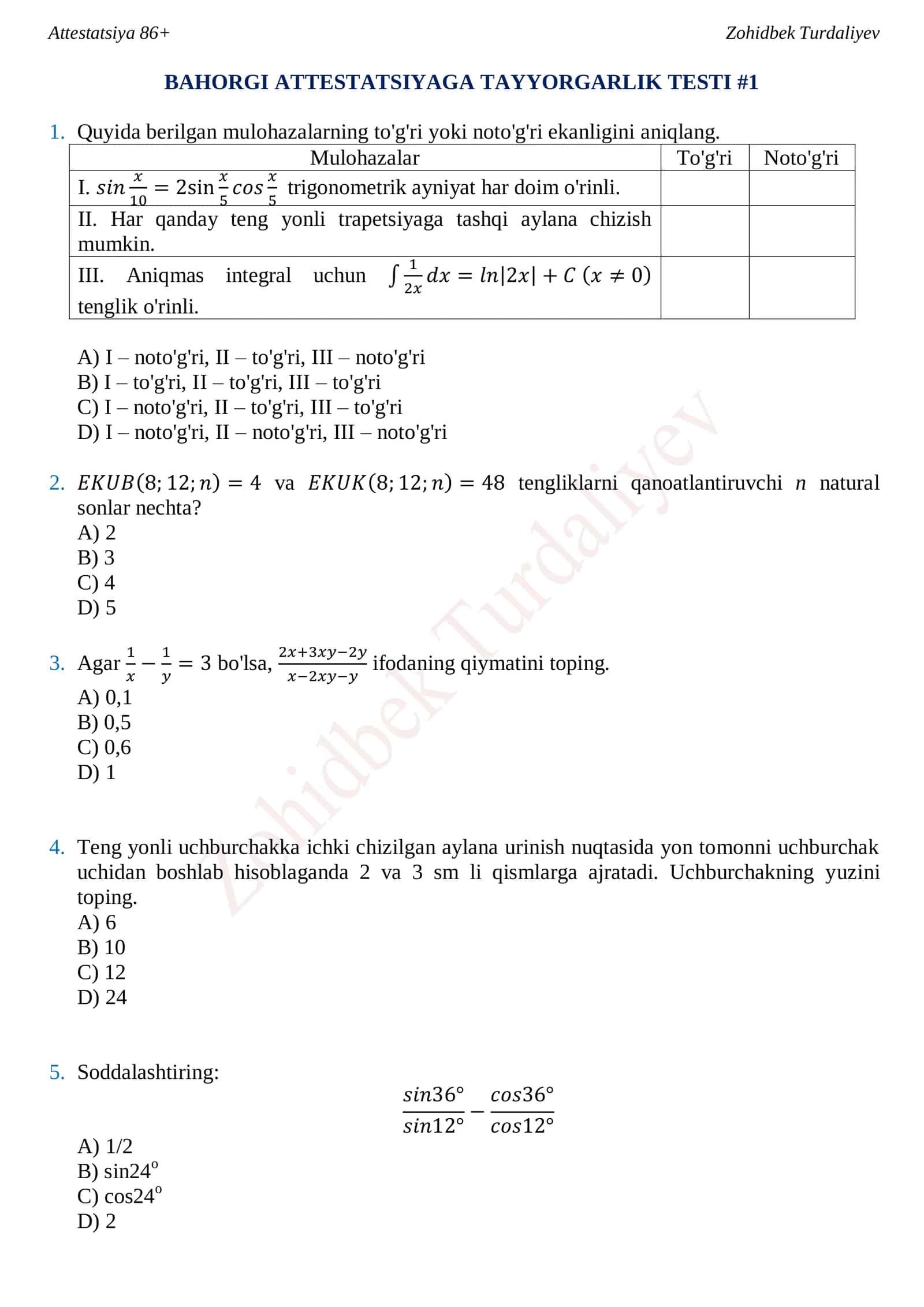 BAHORGI ATTESTATSIYAGA TAYYORGARLIK TESTI #1