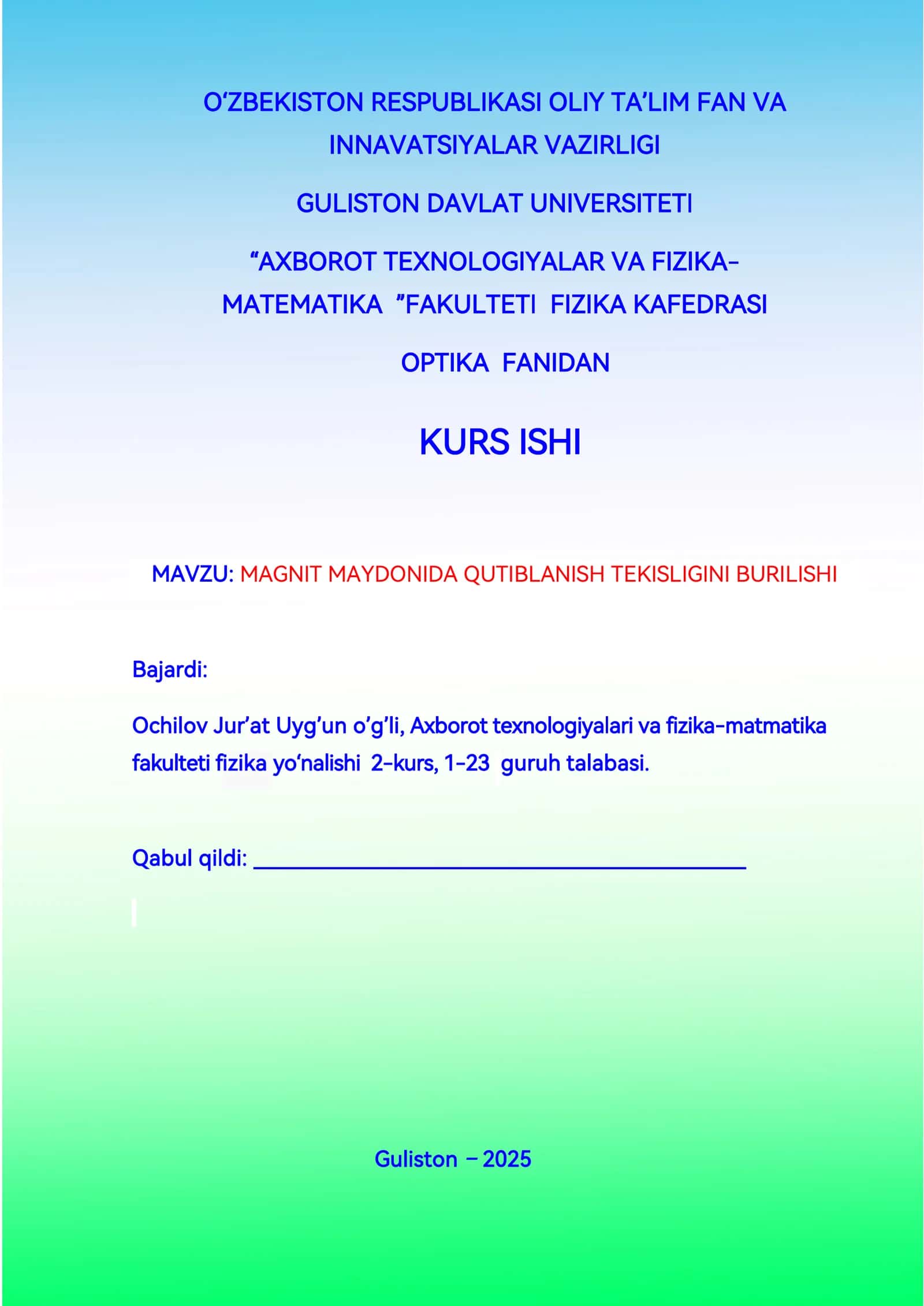 MAGNIT MAYDONIDA QUTIBLANISH TEKISLIGINI BURILISHI