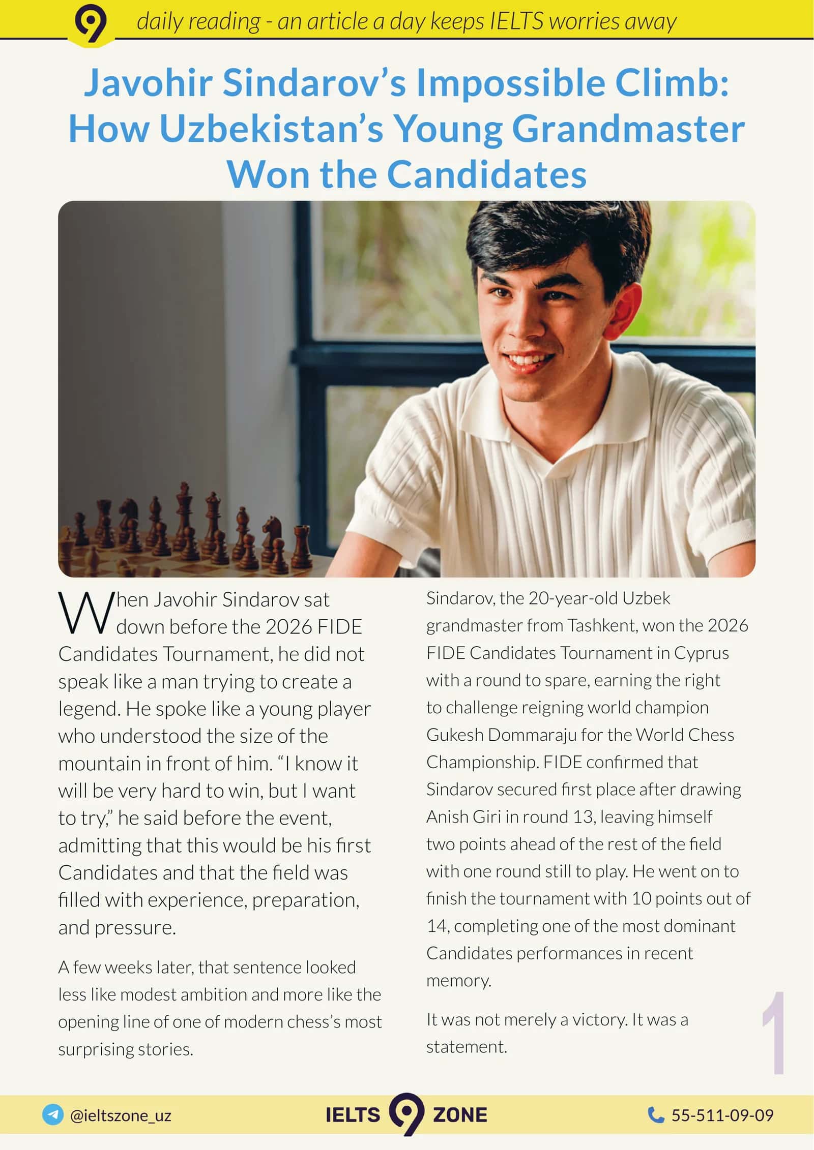 Javohir Sindarov’s Impossible Climb: How Uzbekistan’s Young Grandmaster Won the Candidates