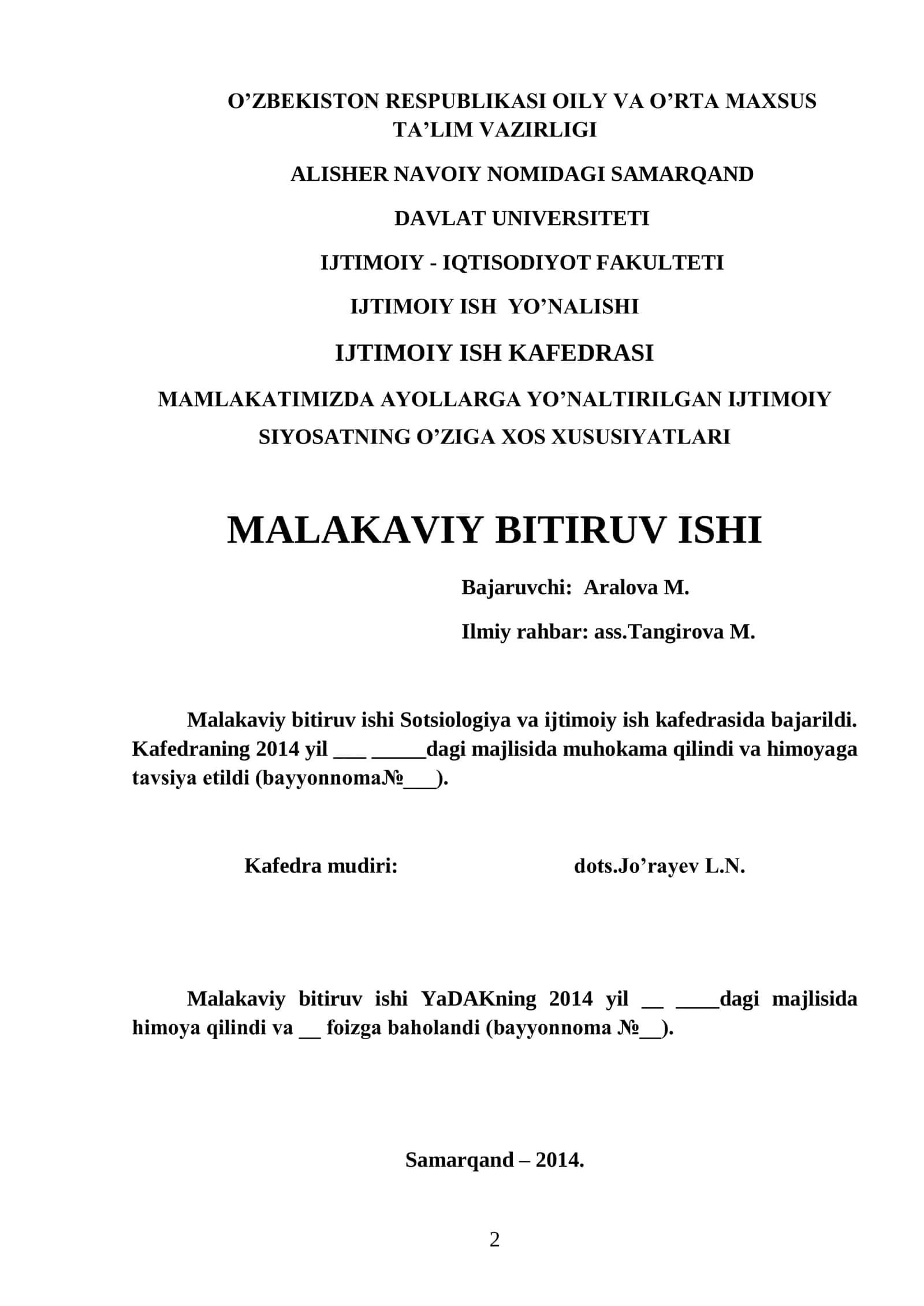 MAMLAKATIMIZDA AYOLLARGA YO’NALTIRILGAN IJTIMOIY SIYOSATNING O’ZIGA XOS XUSUSIYATLARI
