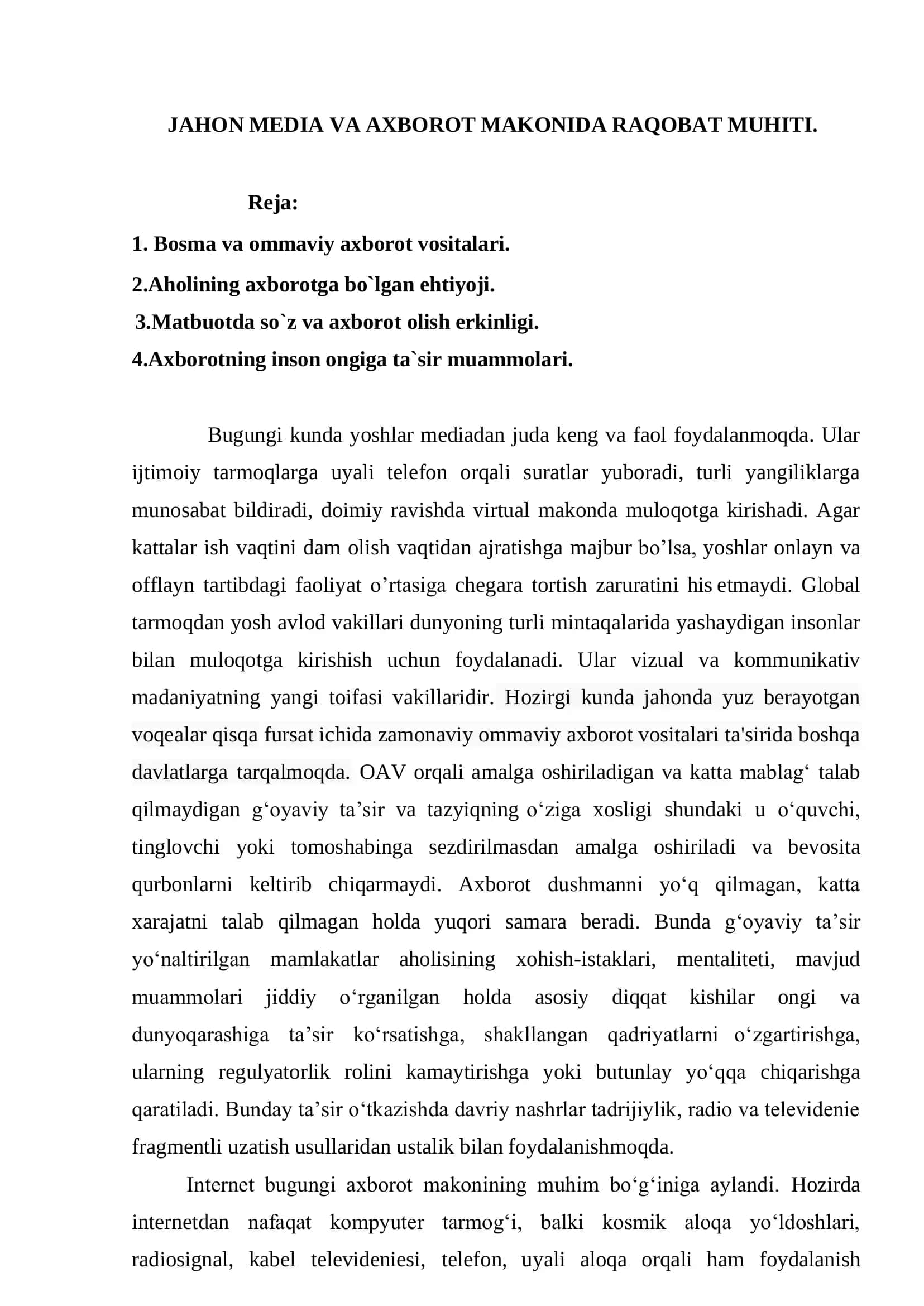 Yoshlar axborot muloqoti va global tarmoq