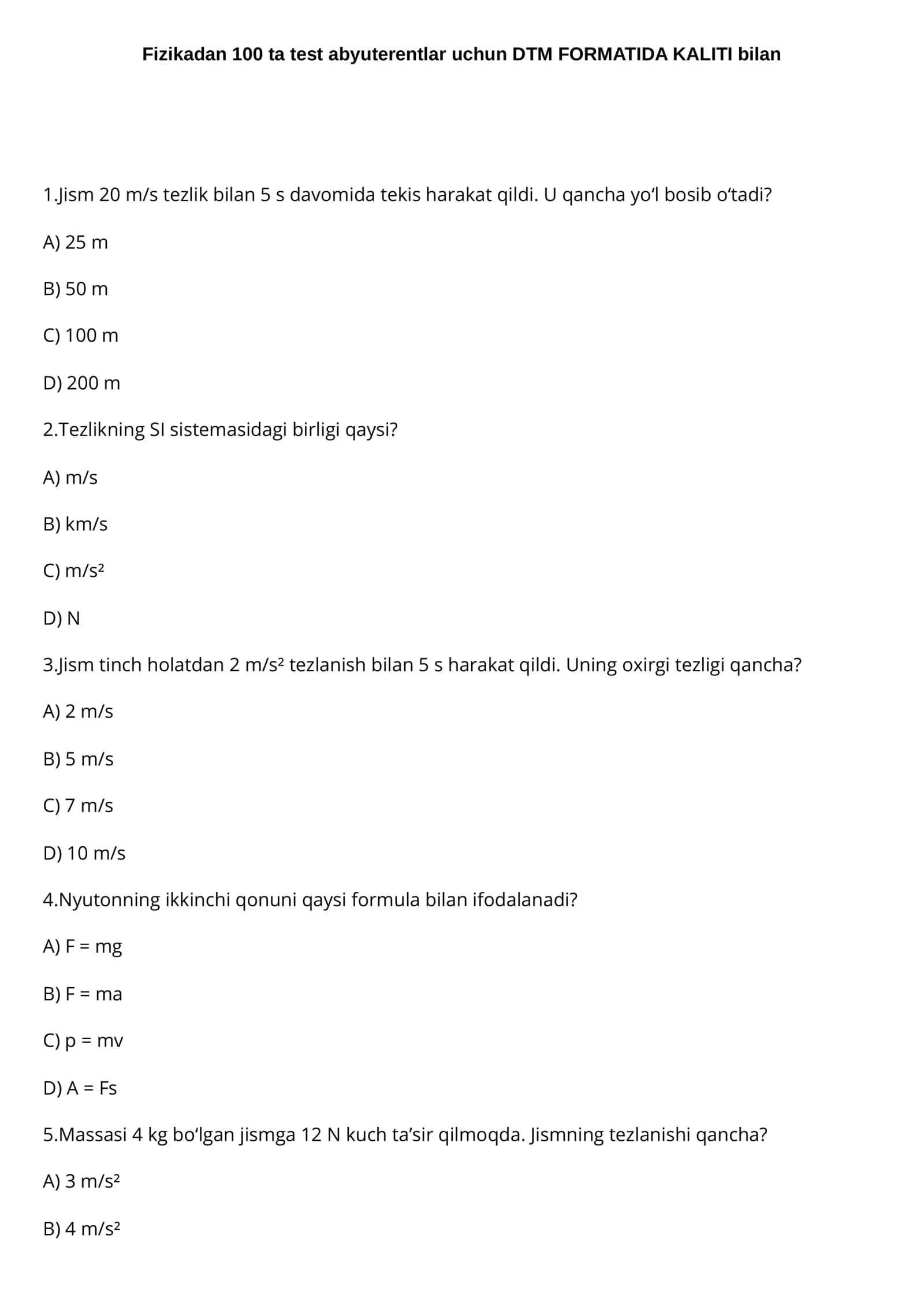 Fizikadan abyuterentlar uchun maxsus 100 masalalar to'plami