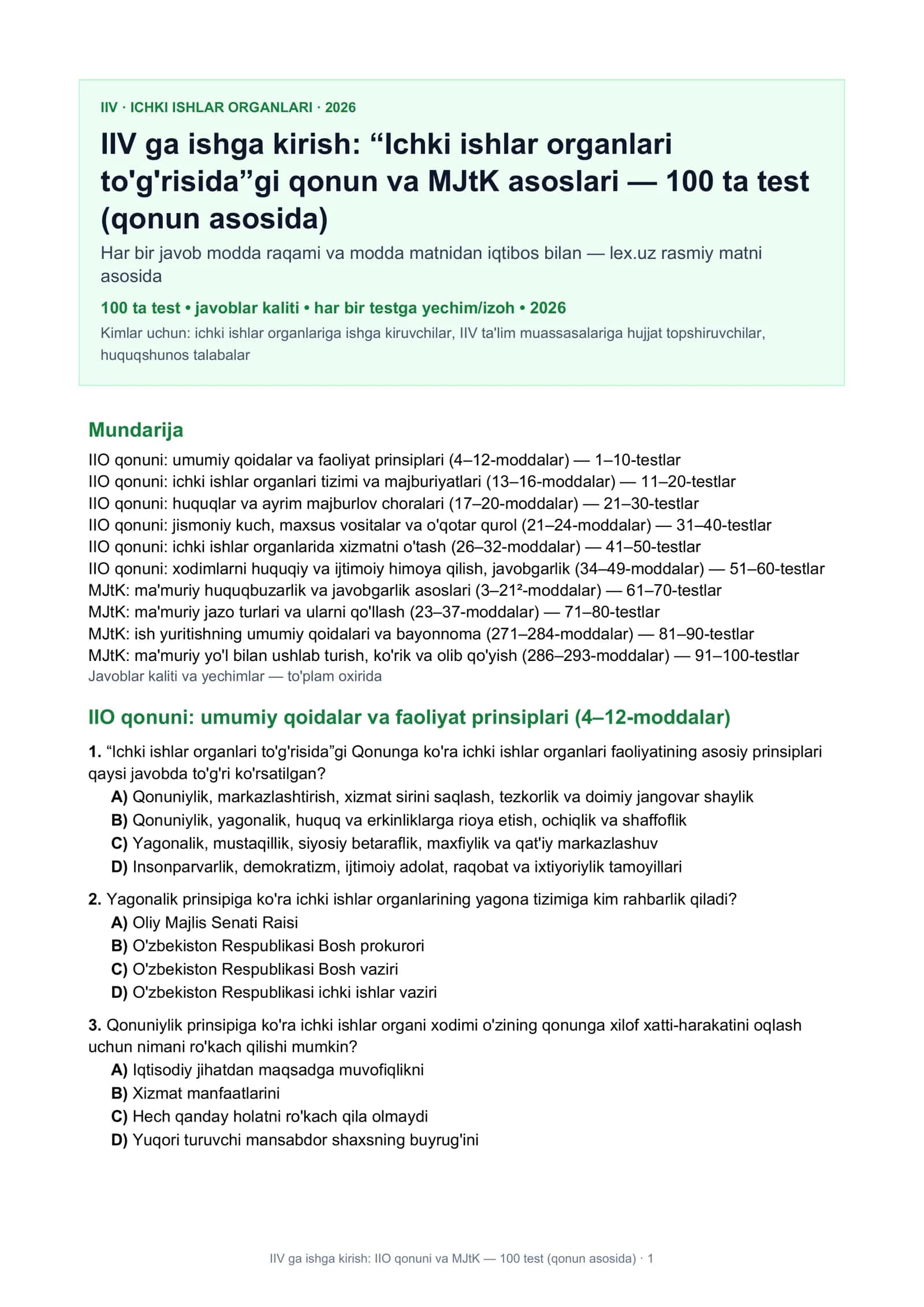 IIV ga ishga kirish: “Ichki ishlar organlari to'g'risida”gi qonun va MJtK asoslari — 100 ta test (qonun asosida)