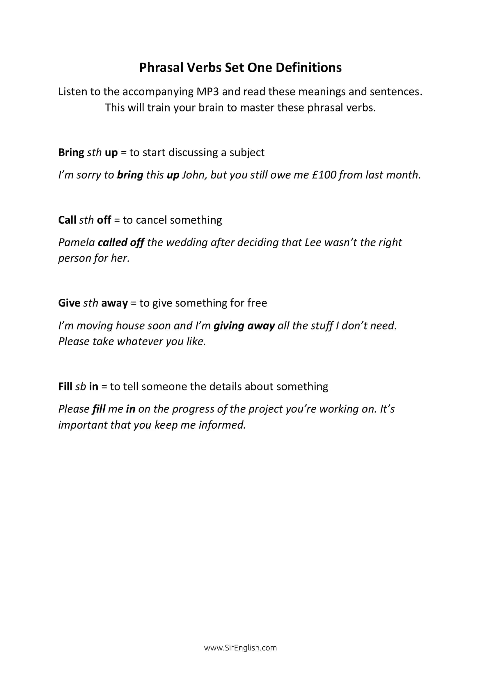 Phrasal Verbs Set One Definitions