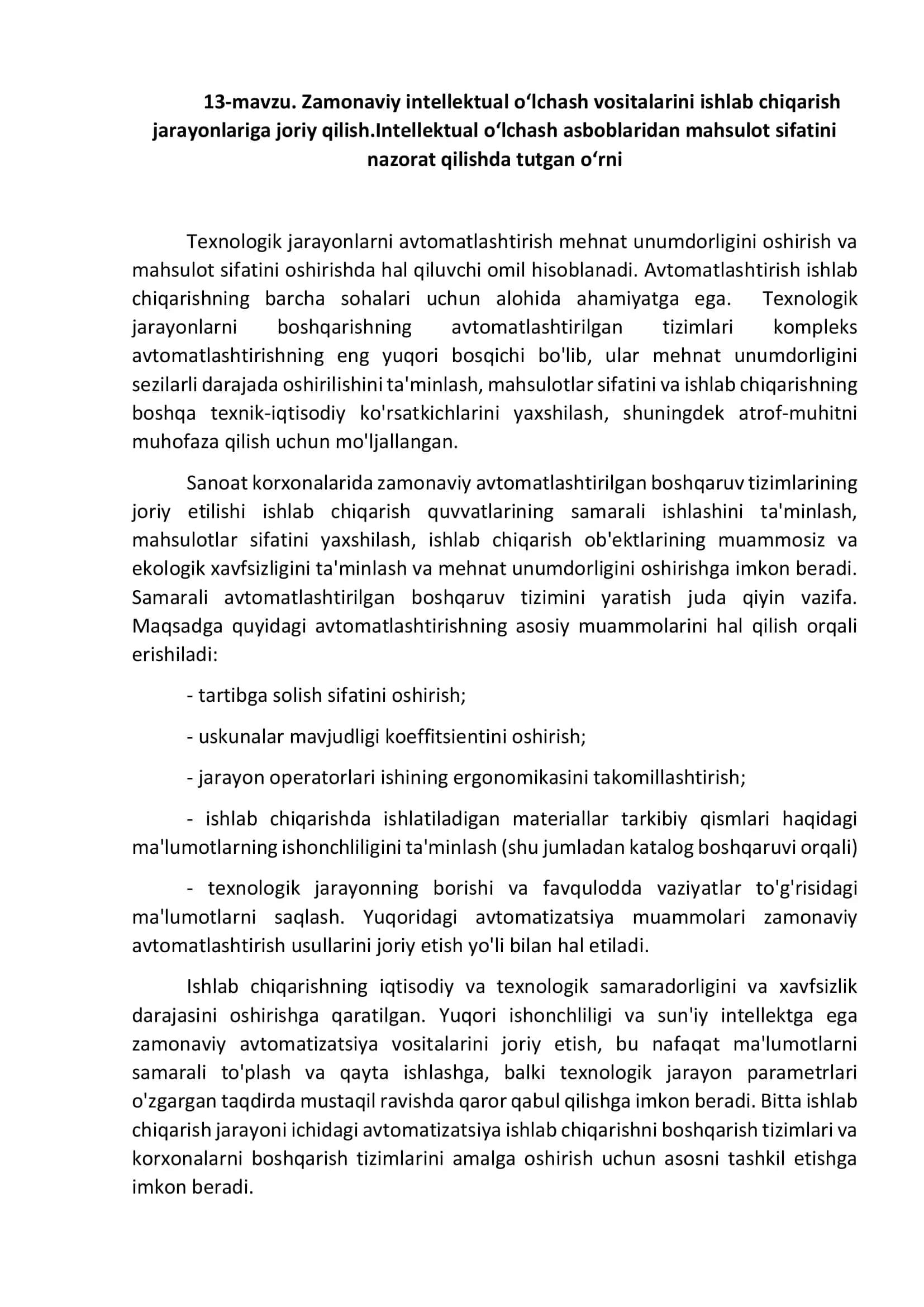 Zamonaviy intellektual o‘lchash vositalarini ishlab chiqarish