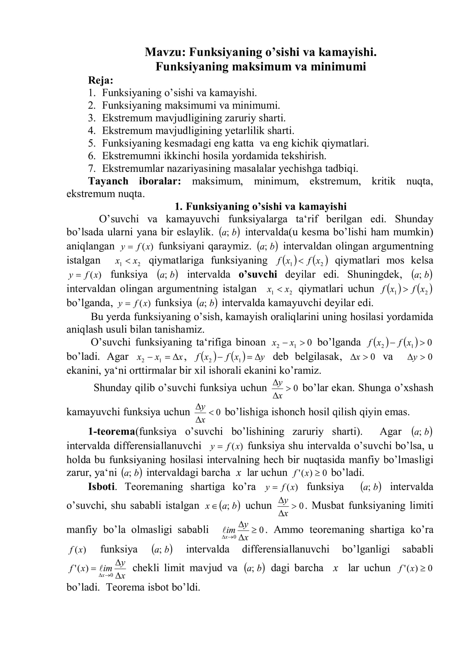 Funksiyaning o’sishi va kamayishi