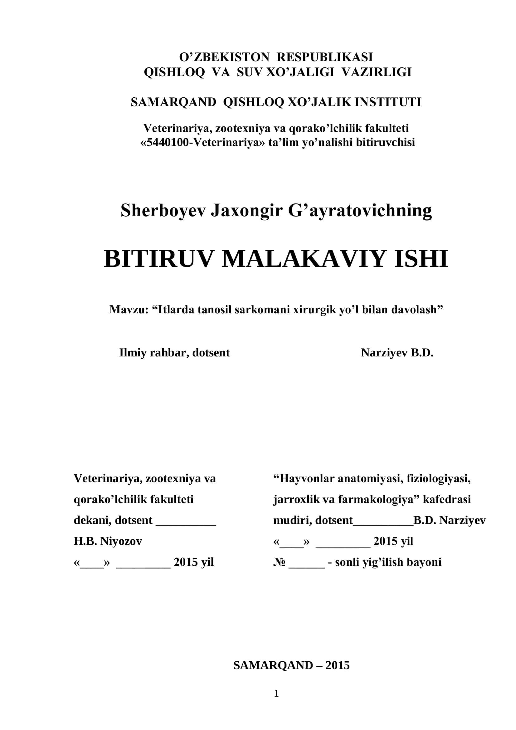 "Itlarda tanosil sarkomani xirurgik yo’l bilan davolash"