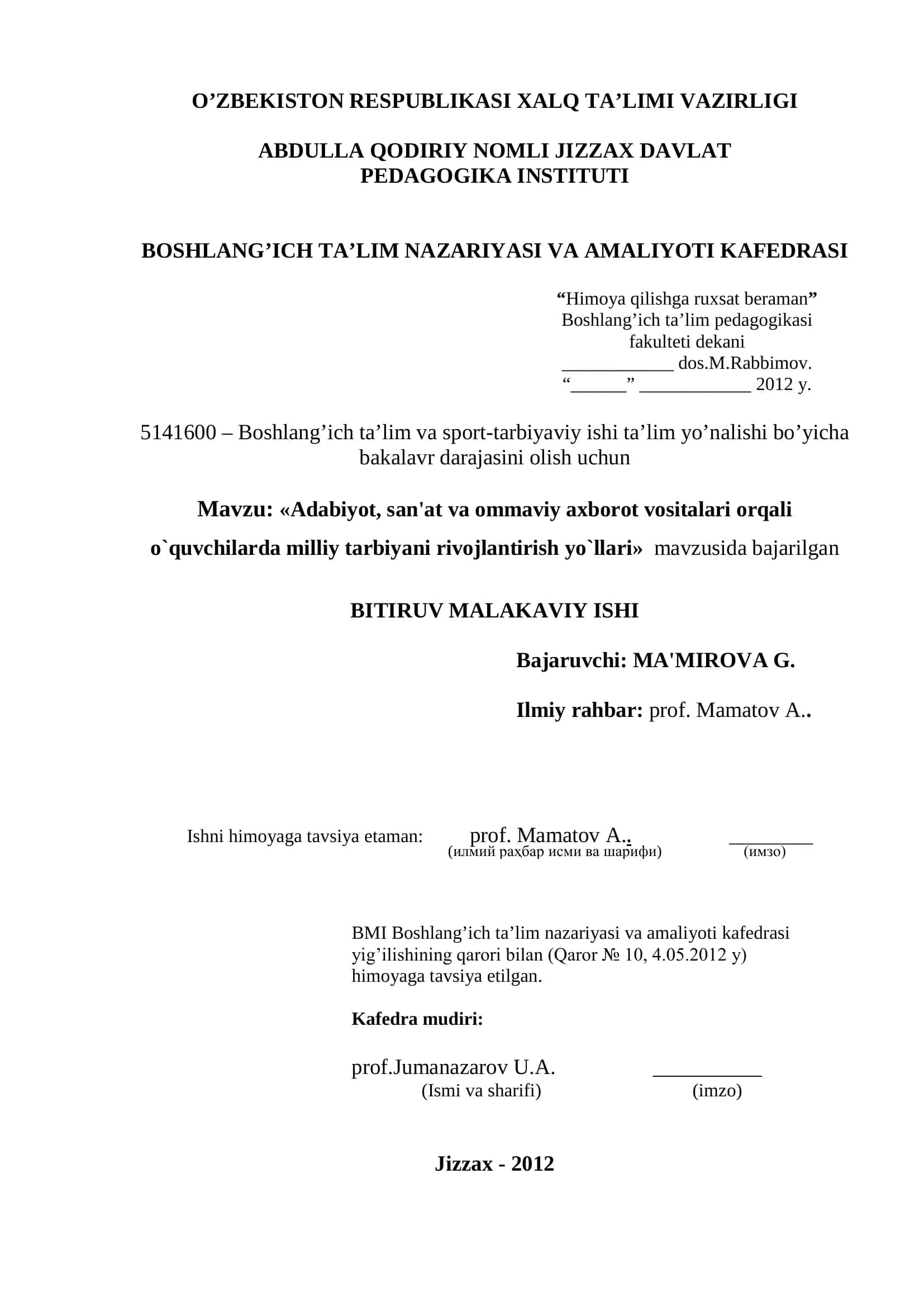Boshlang’ich ta’lim va sport-tarbiyaviy ishi ta’lim yo’nalishi bo’yicha