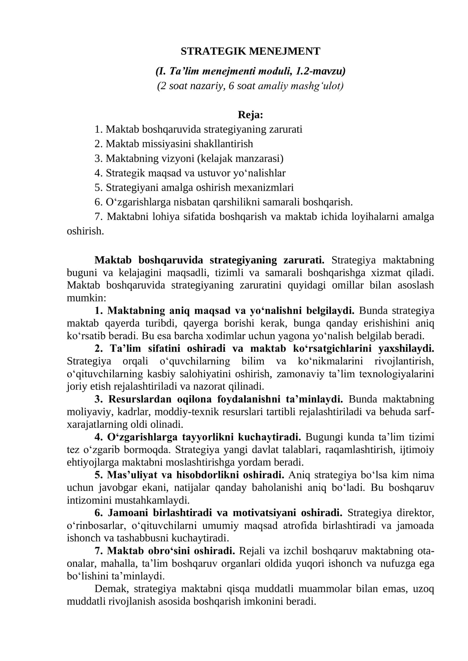 Menejerlik o'uv kursi tinglovchilari uchun STRATEGIK MENEJMENT (I. Ta’lim menejmenti moduli, 1.2-mavzu)