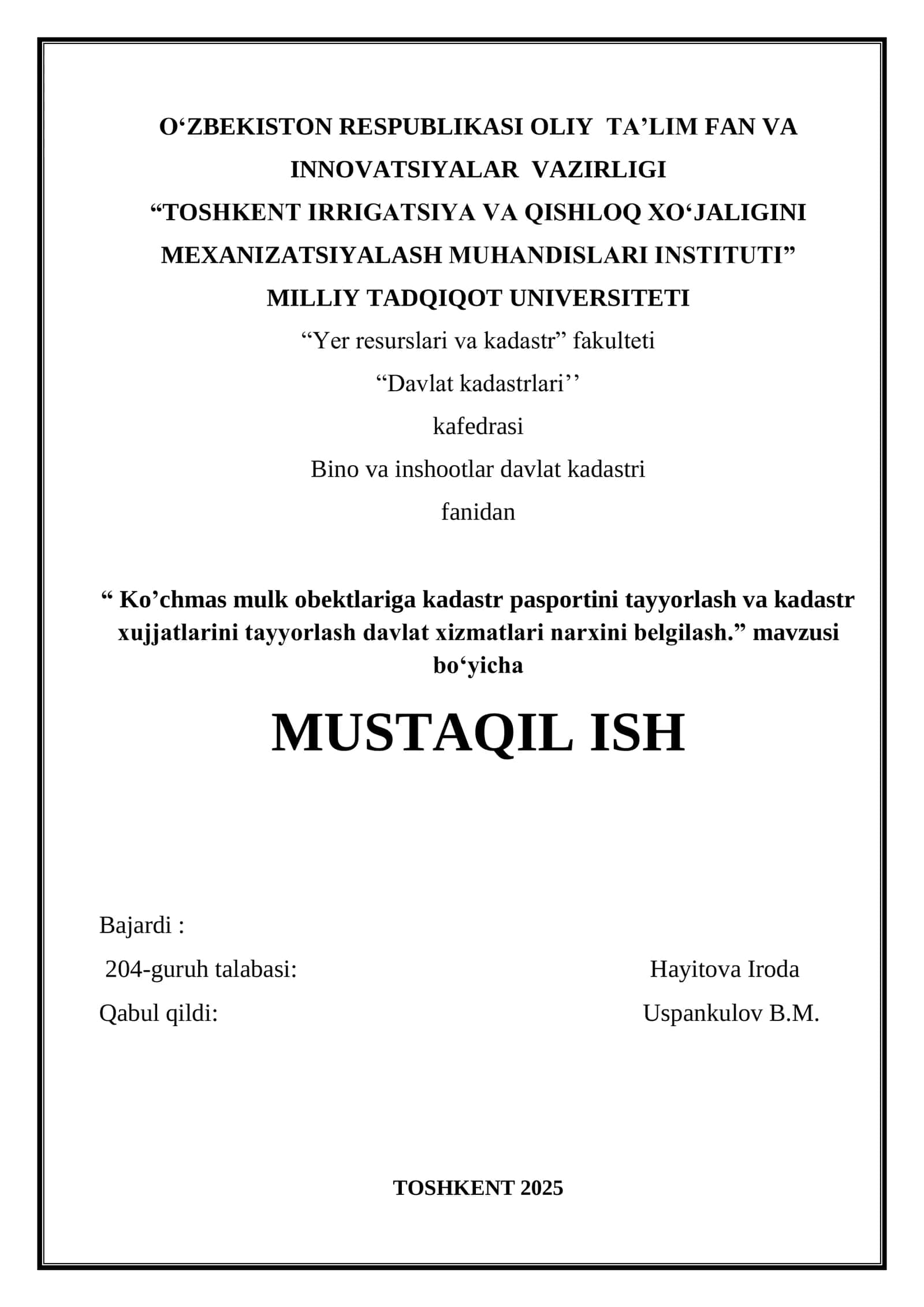 Ko‟chmas mulk obektlariga kadastr pasportini tayyorlash va kadastr xujjatlarini tayyorlash davlat xizmatlari narxini belgilash