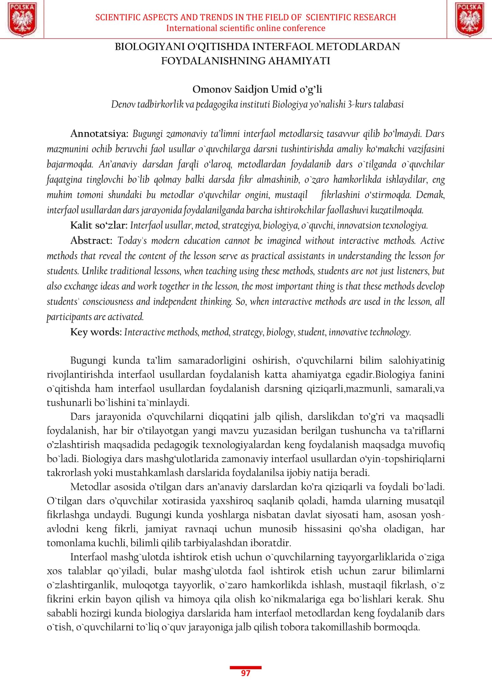 BIOLOGIYANI O'QITISHDA INTERFAOL METODLARDAN FOYDALANISHNING AHAMIYATI