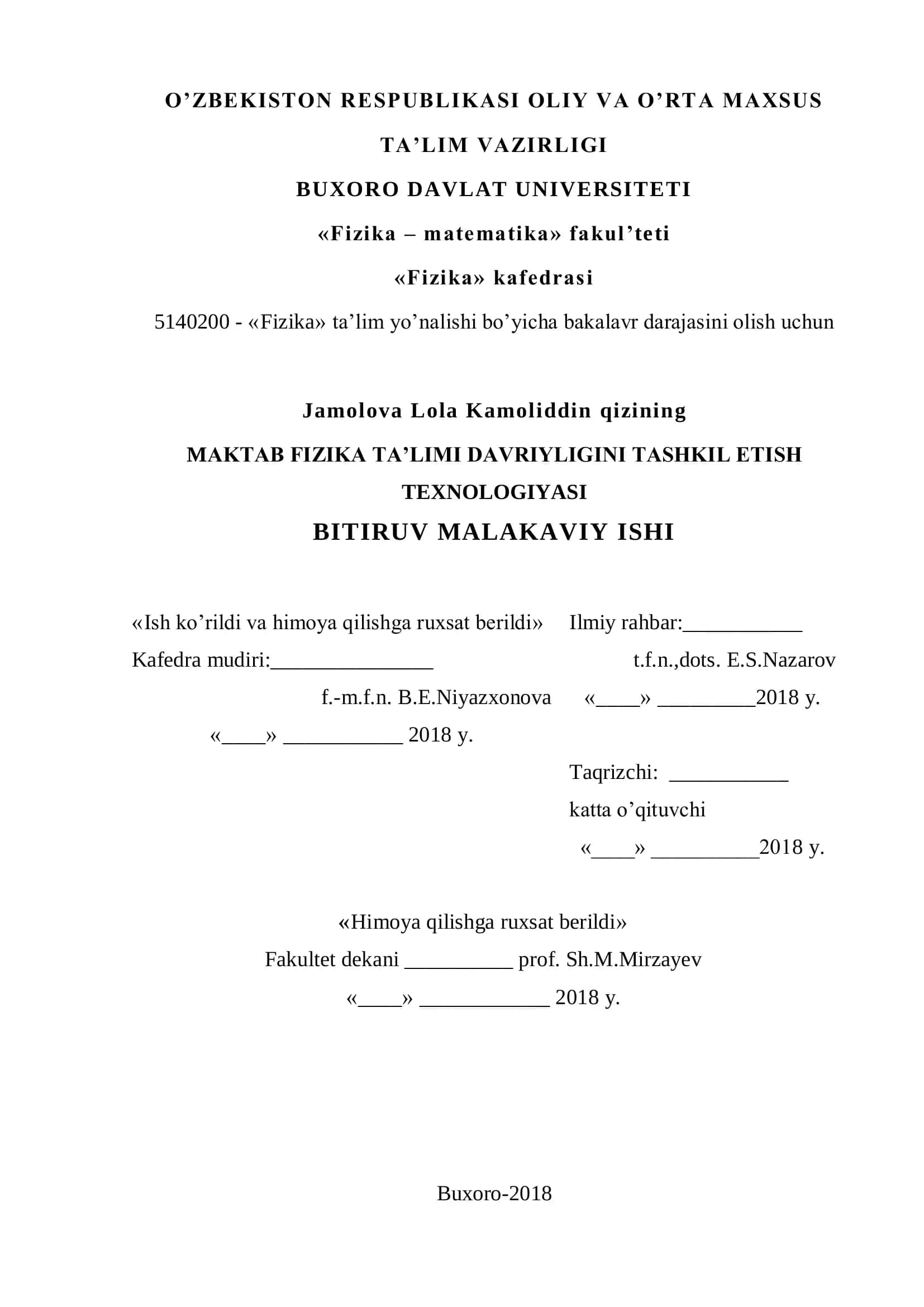 MAKTAB FIZIKA TA’LIMI DAVRIYLIGINI TASHKIL ETISH TEXNOLOGIYASI
