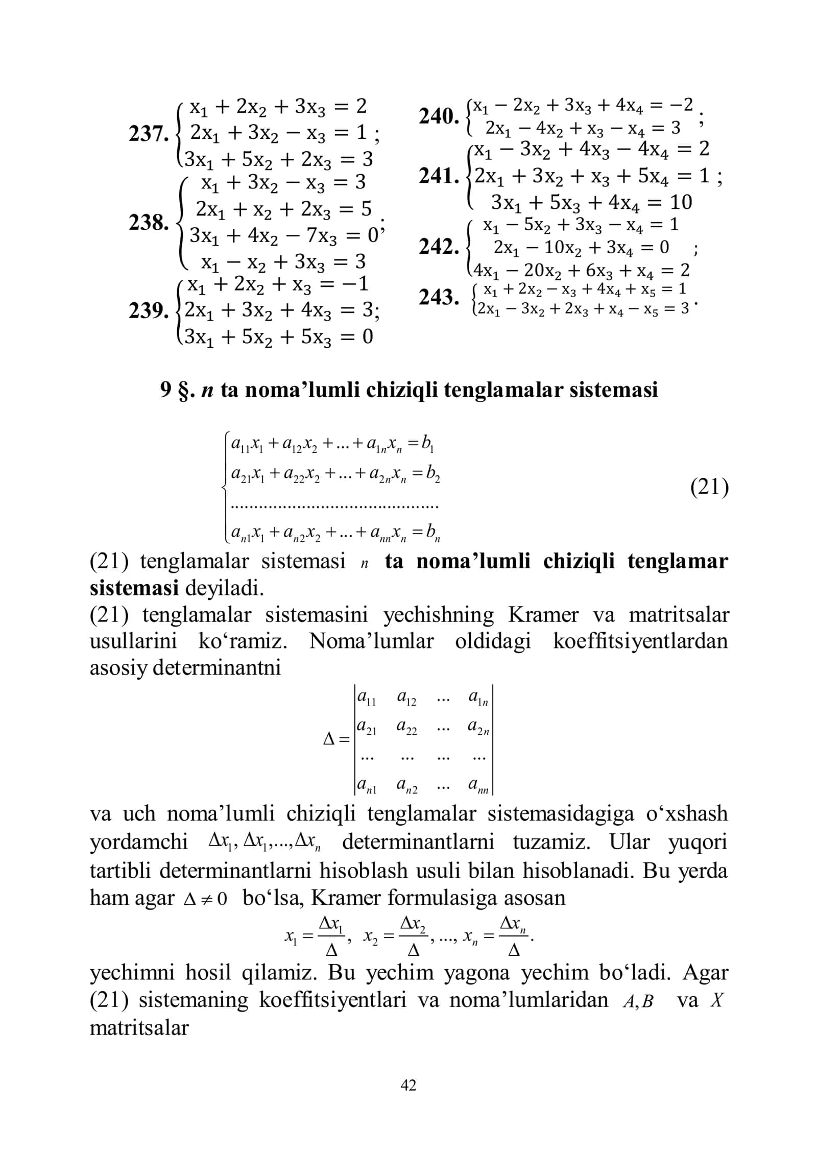 9 §. n ta noma’lumli chiziqli tenglamalar sistemasi