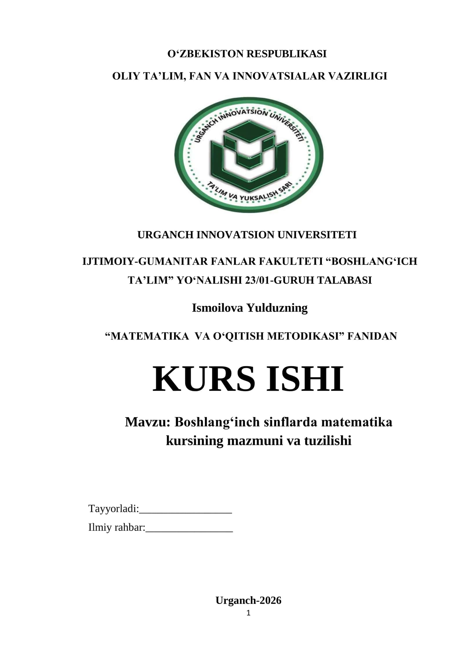 BOSHLANG‘ICH SINFLARDA MATEMATIKA KURSINING MAZMUNI VA TUZILISHI