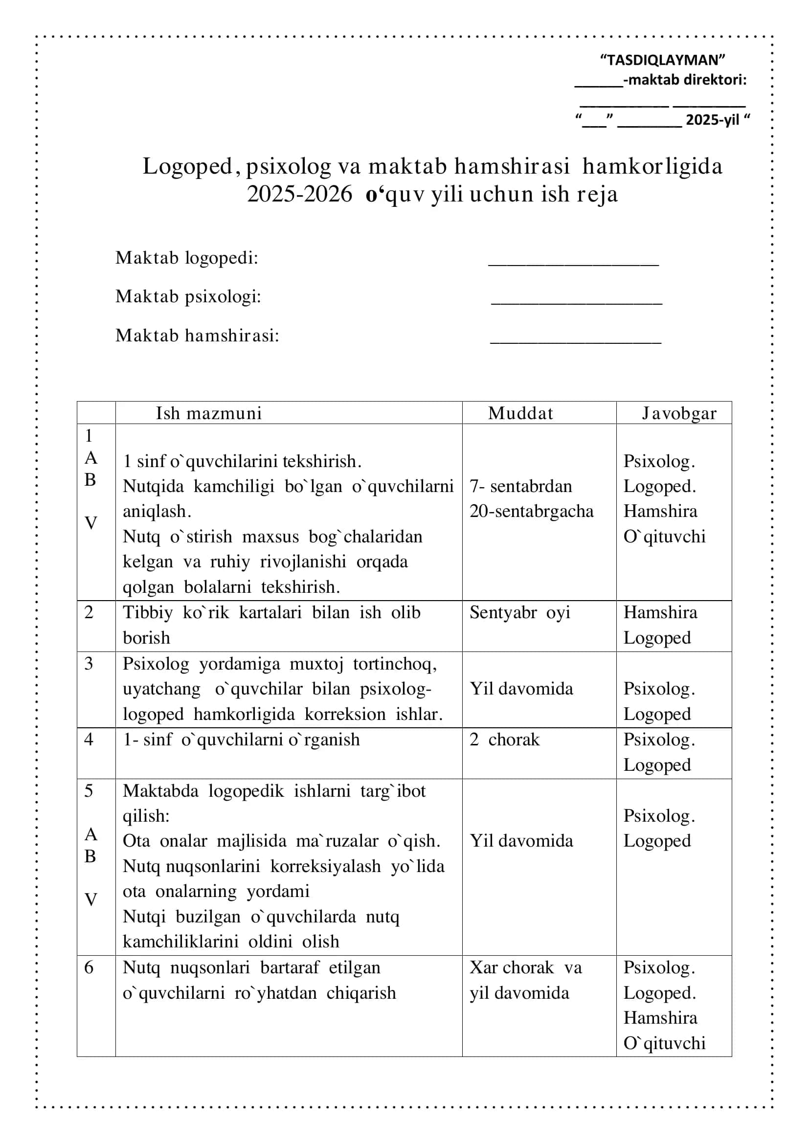 Logoped, psixolog va maktab hamshirasi hamkorligida 2025-2026 o‘quv yili uchun ish reja