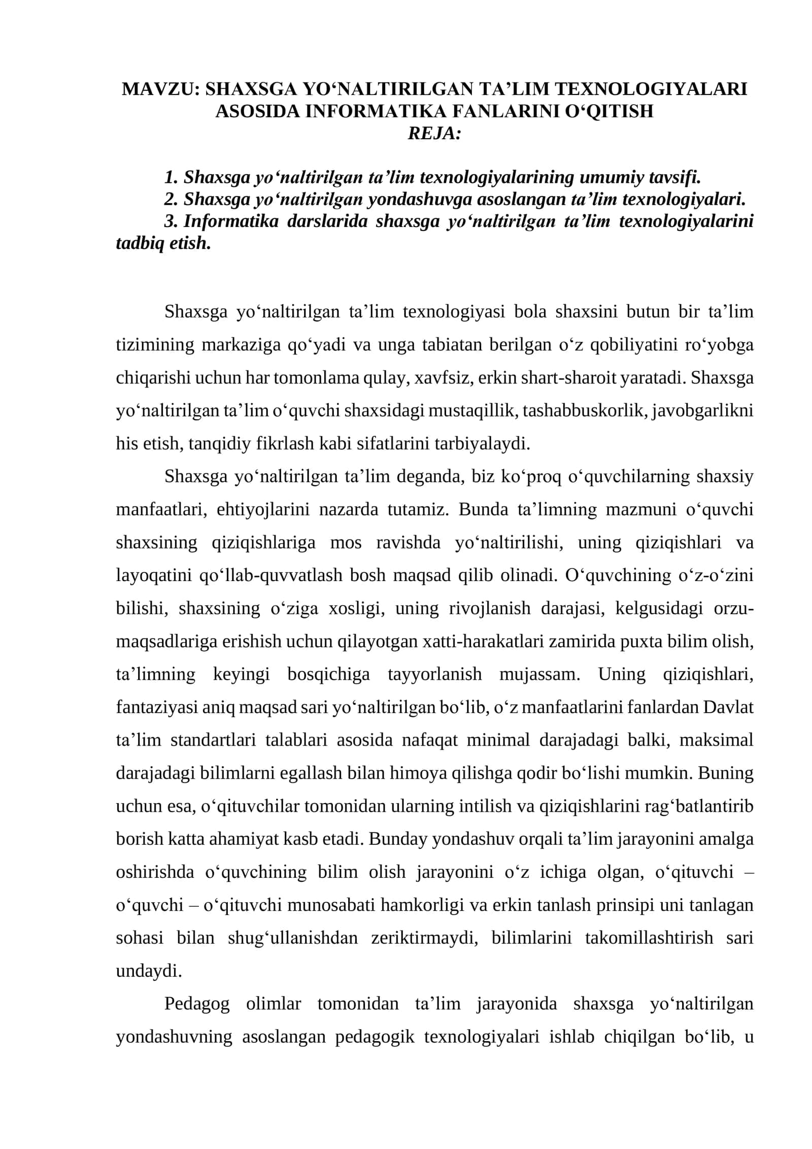 SHAXSGA YO‘NALTIRILGAN TA’LIM TEXNOLOGIYALARI ASOSIDA INFORMATIKA FANLARINI O‘QITISH