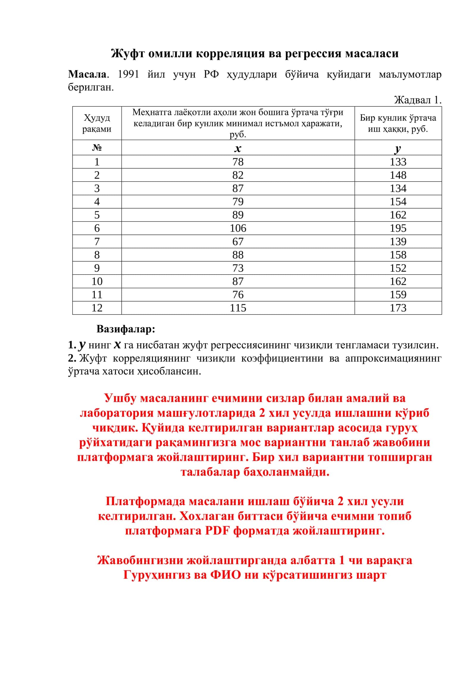 Жуфт омилли корреляция ва регрессия масаласи