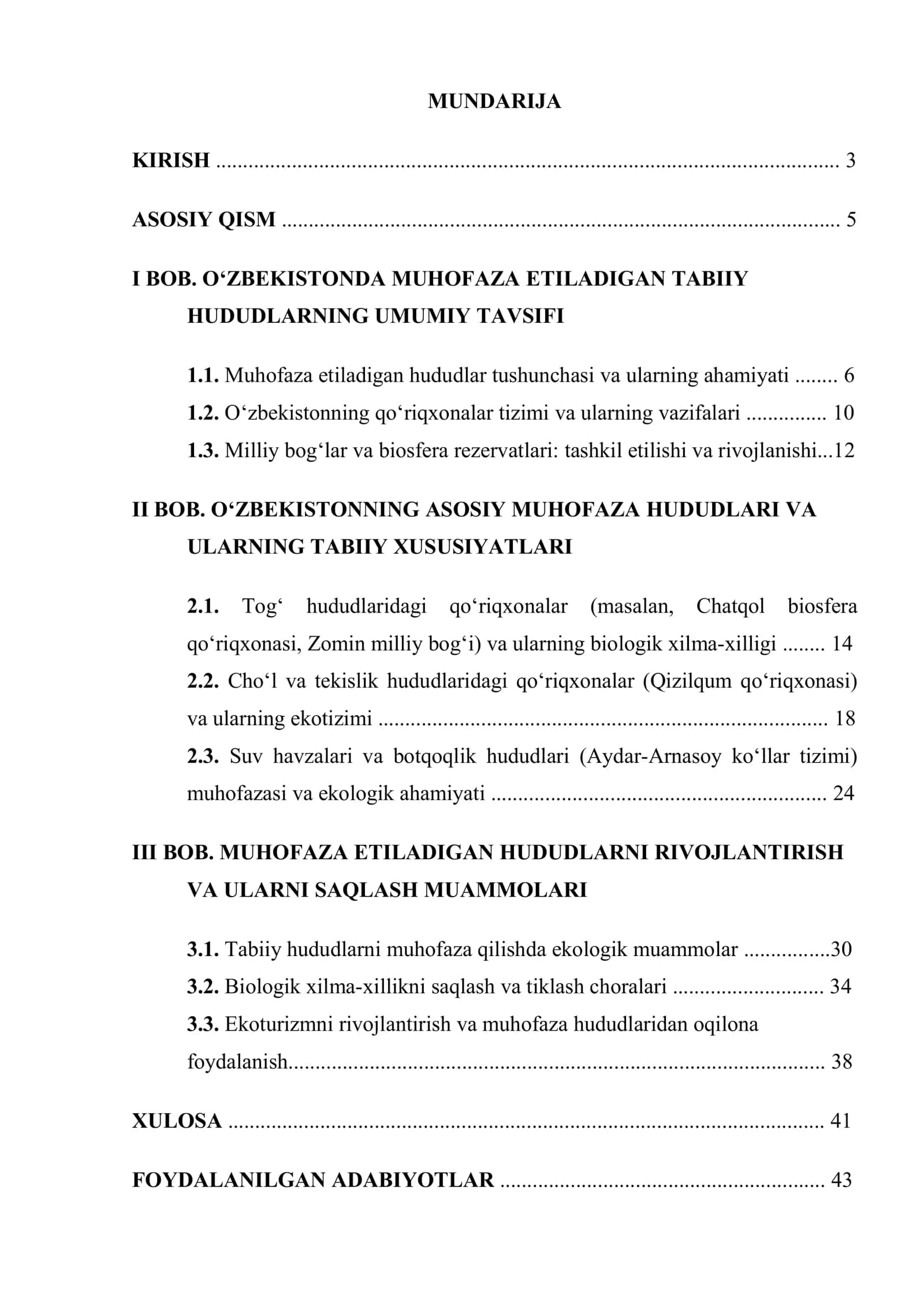 Muhofaza etiladigan tabiiy hududlarning umumiy tavsifi