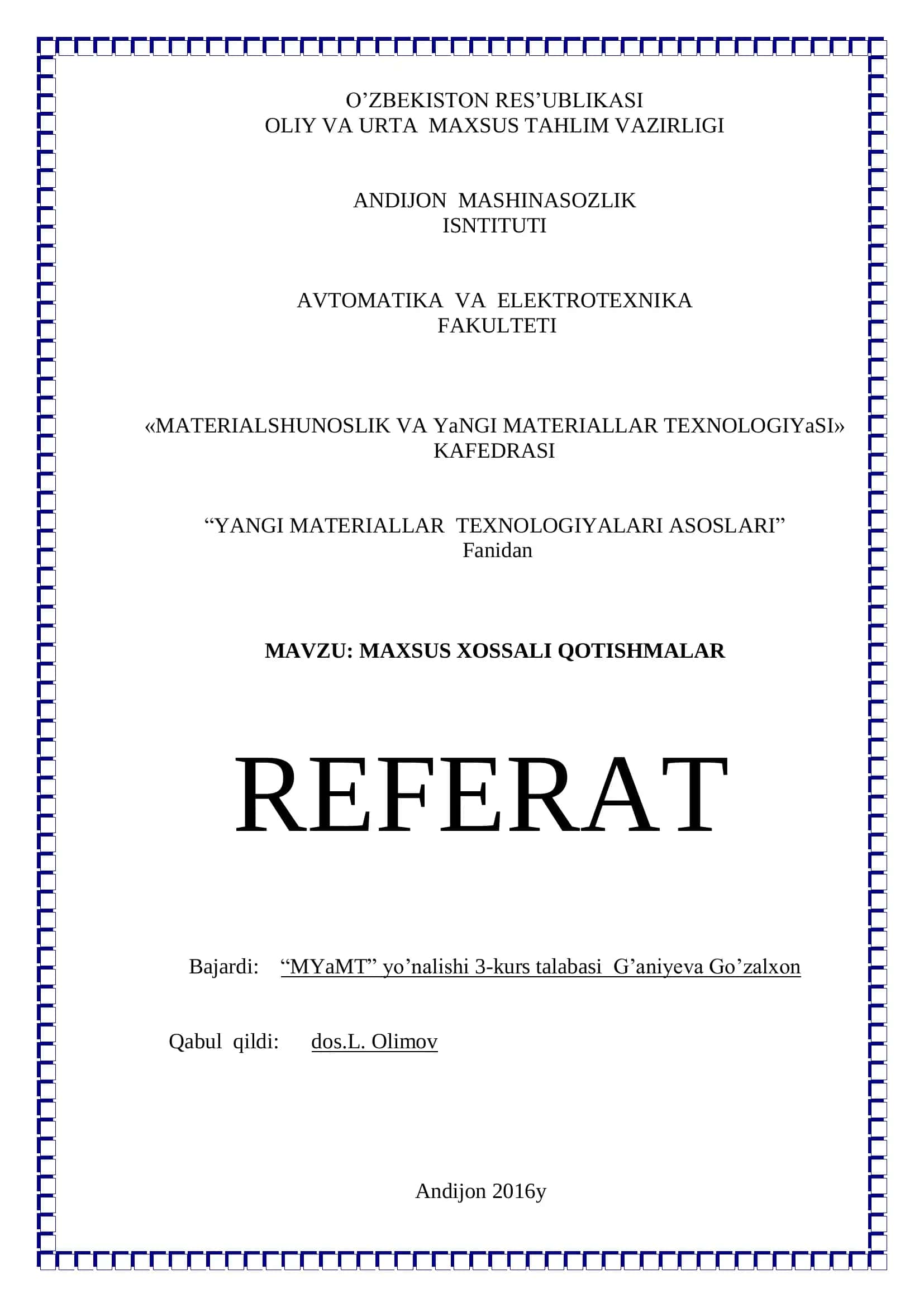 MAXSUS XOSSALI QOTISHMALAR