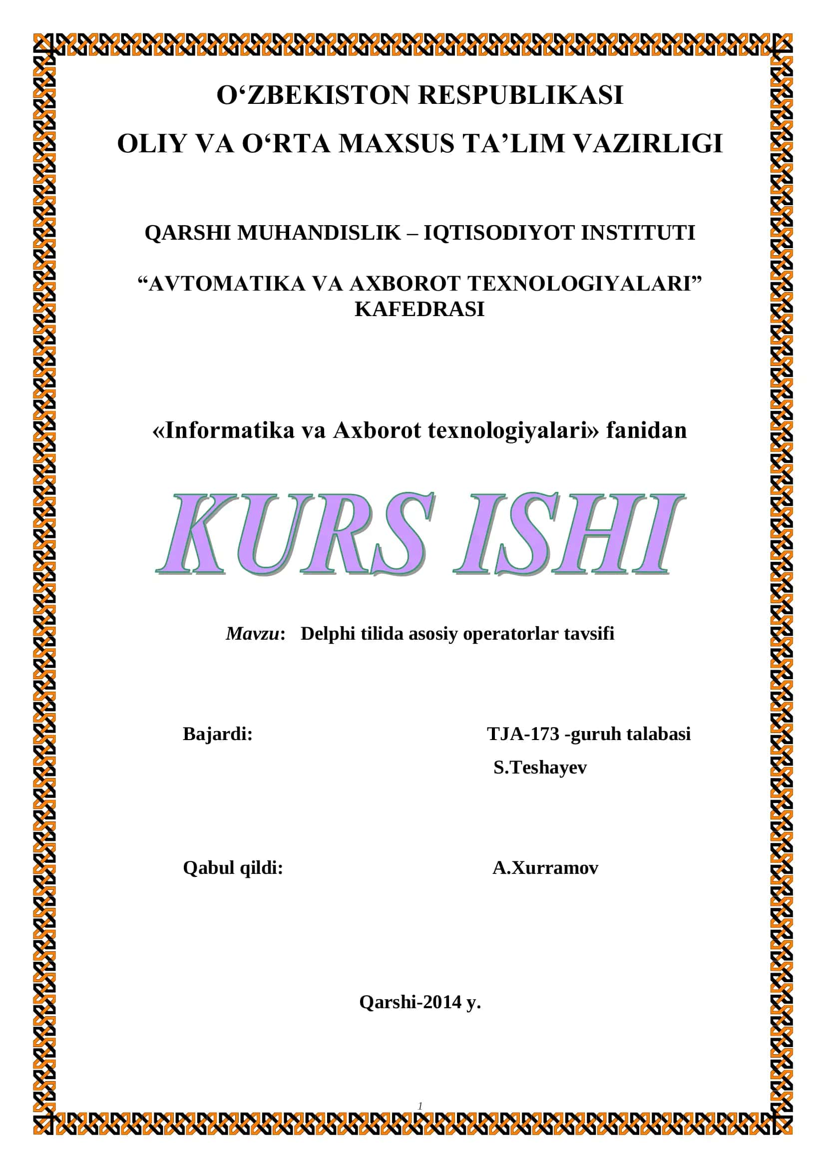 Delphi tilida asosiy operatorlar tavsifi