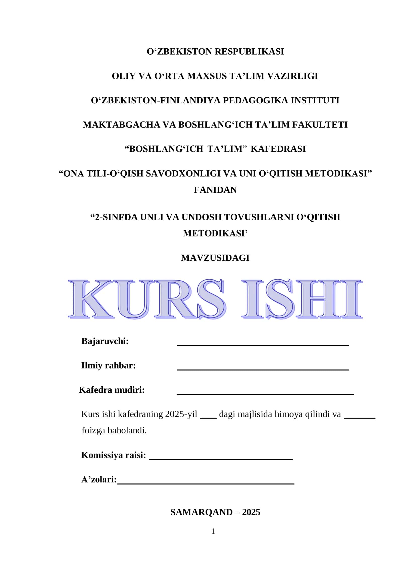 2-SINFDA UNLI VA UNDOSH TOVUSHLARNI OʻQITISH METODIKASI