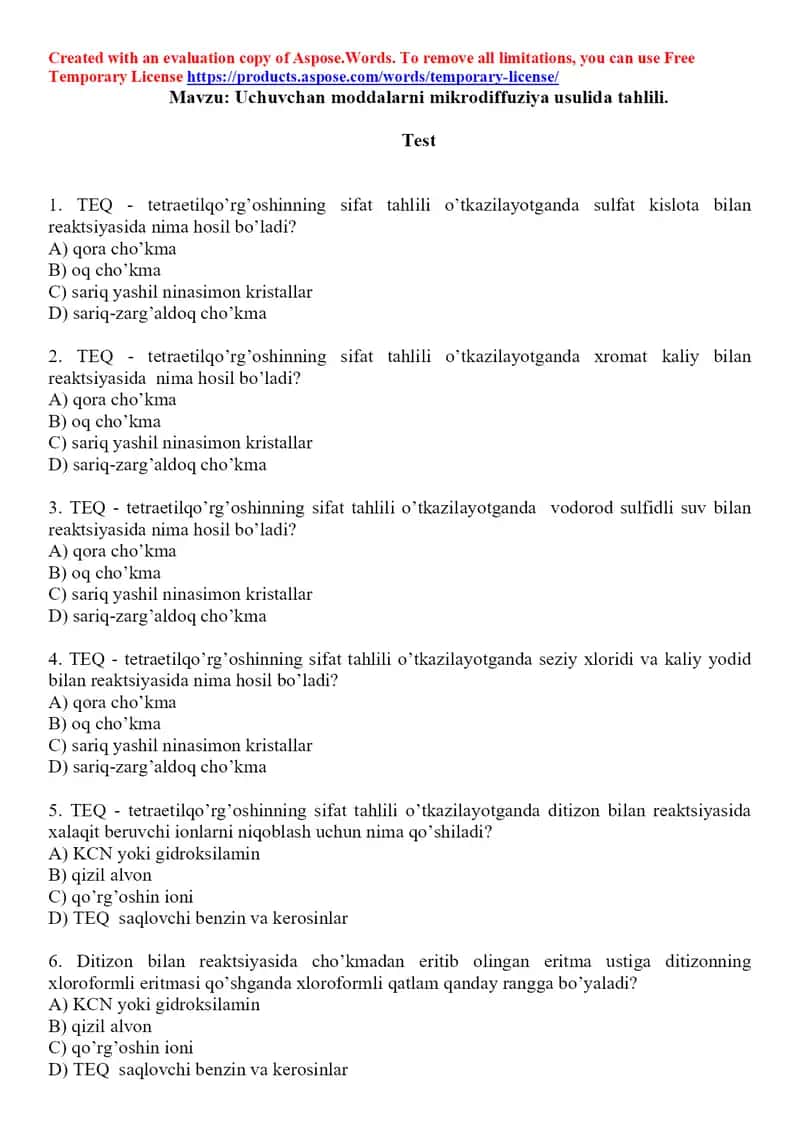 10. Tetraetilqo'rg'oshin. Toksikologik ahamiyati, ashyoviy dalillardan ajratib olish va tahlil usullari. Test 15 ta.