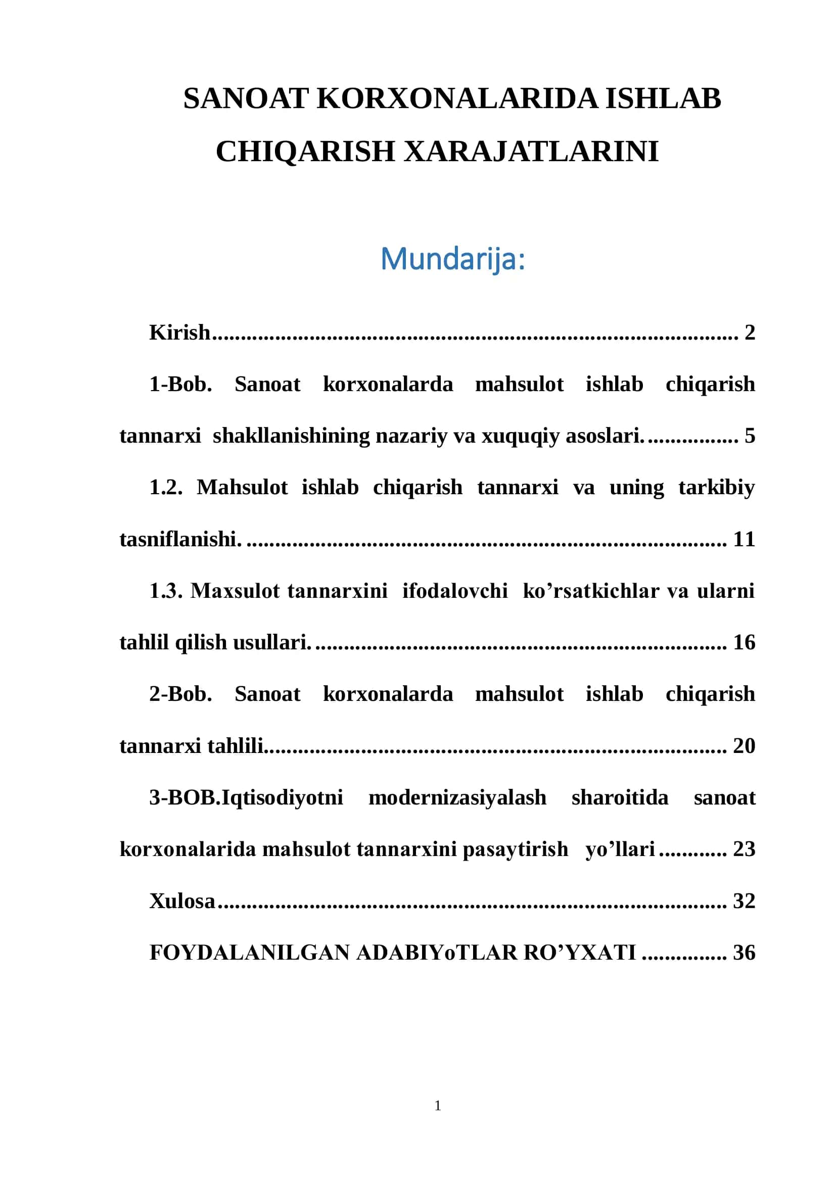 Sanoat korxonalarda mahsulot ishlab chiqarish XARAJATLARINI