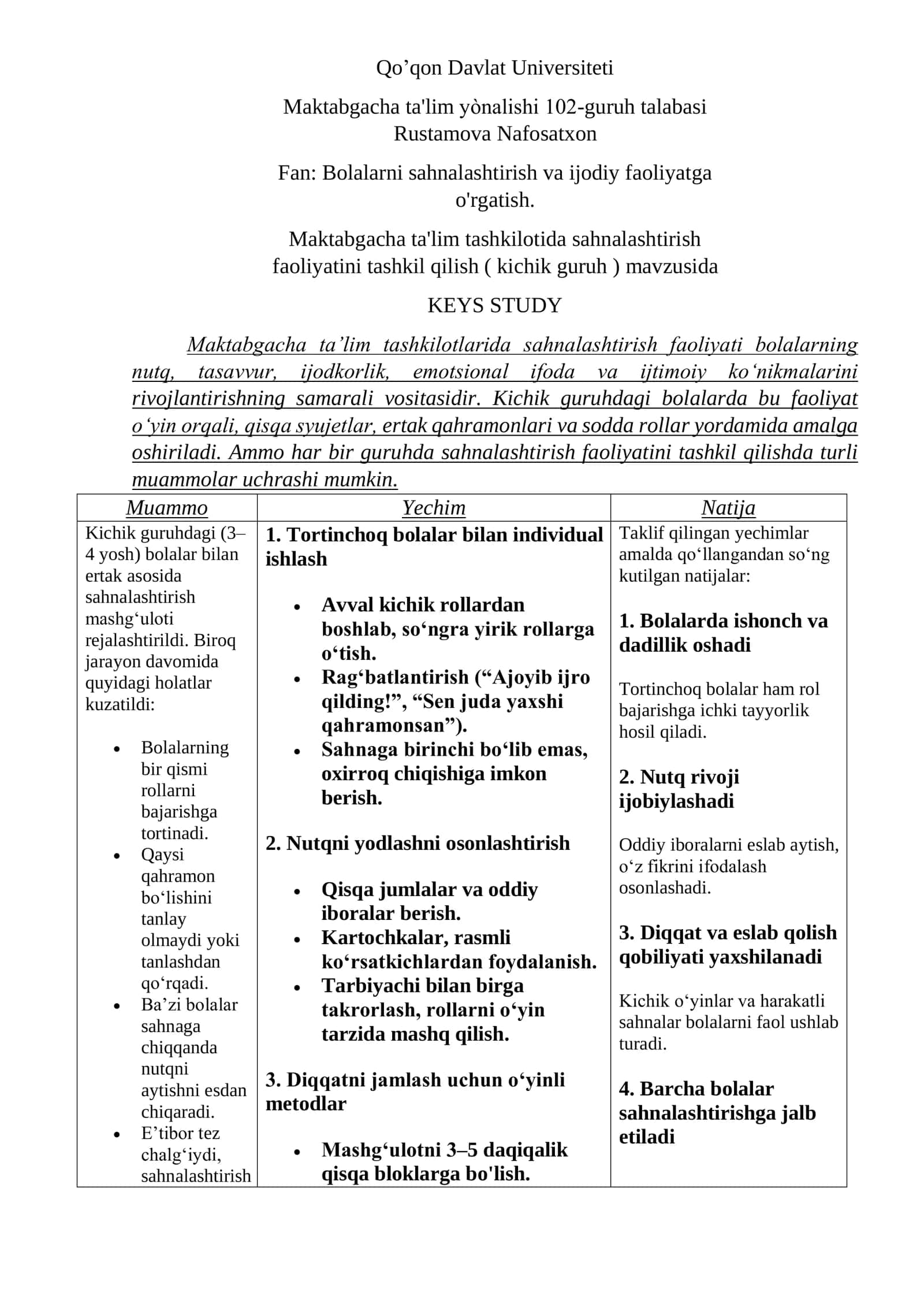 Maktabgacha ta'lim tashkilotlarida sahnalashtirish faoliyati