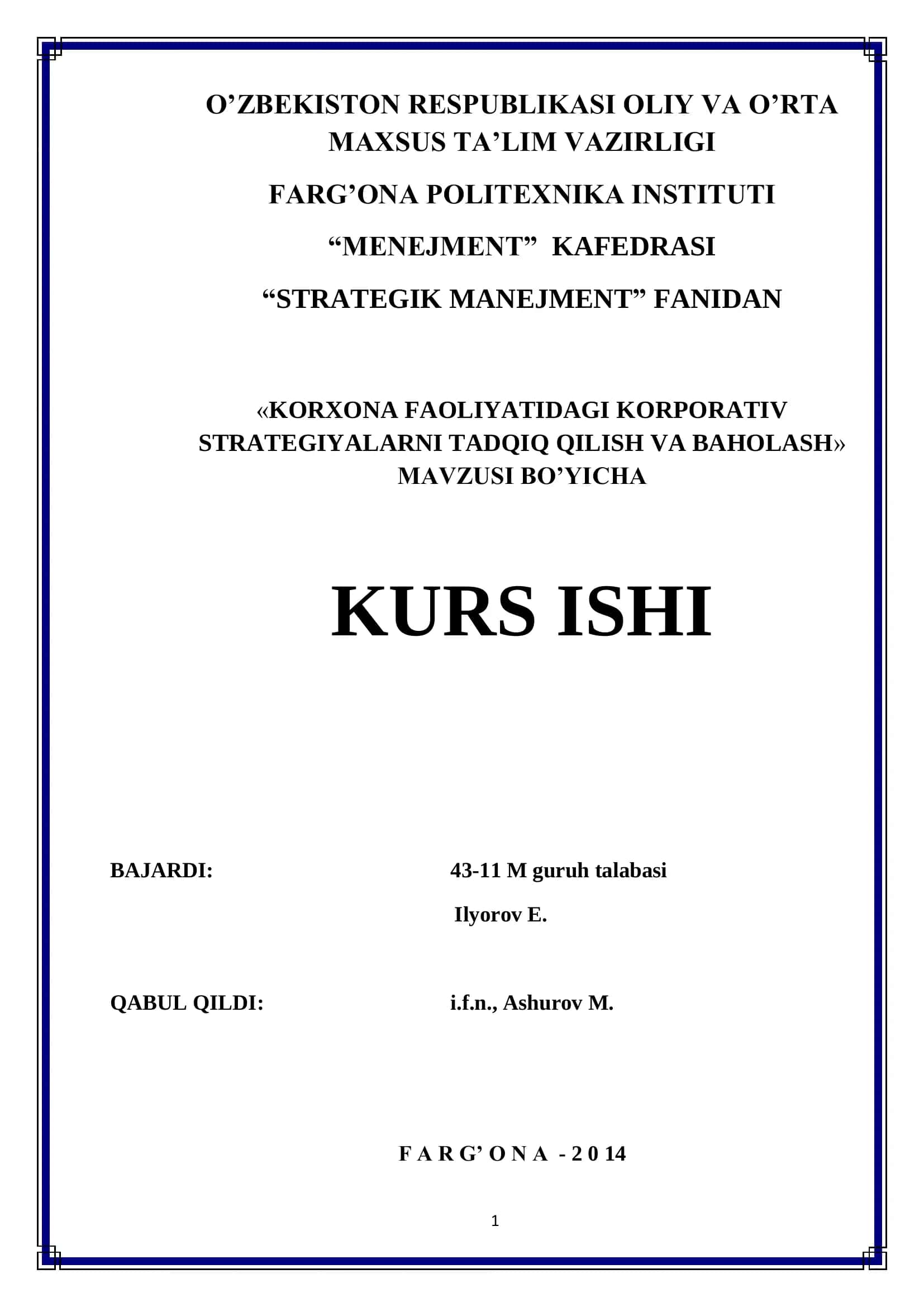 Kurs Ishi "Strategik Manijment"