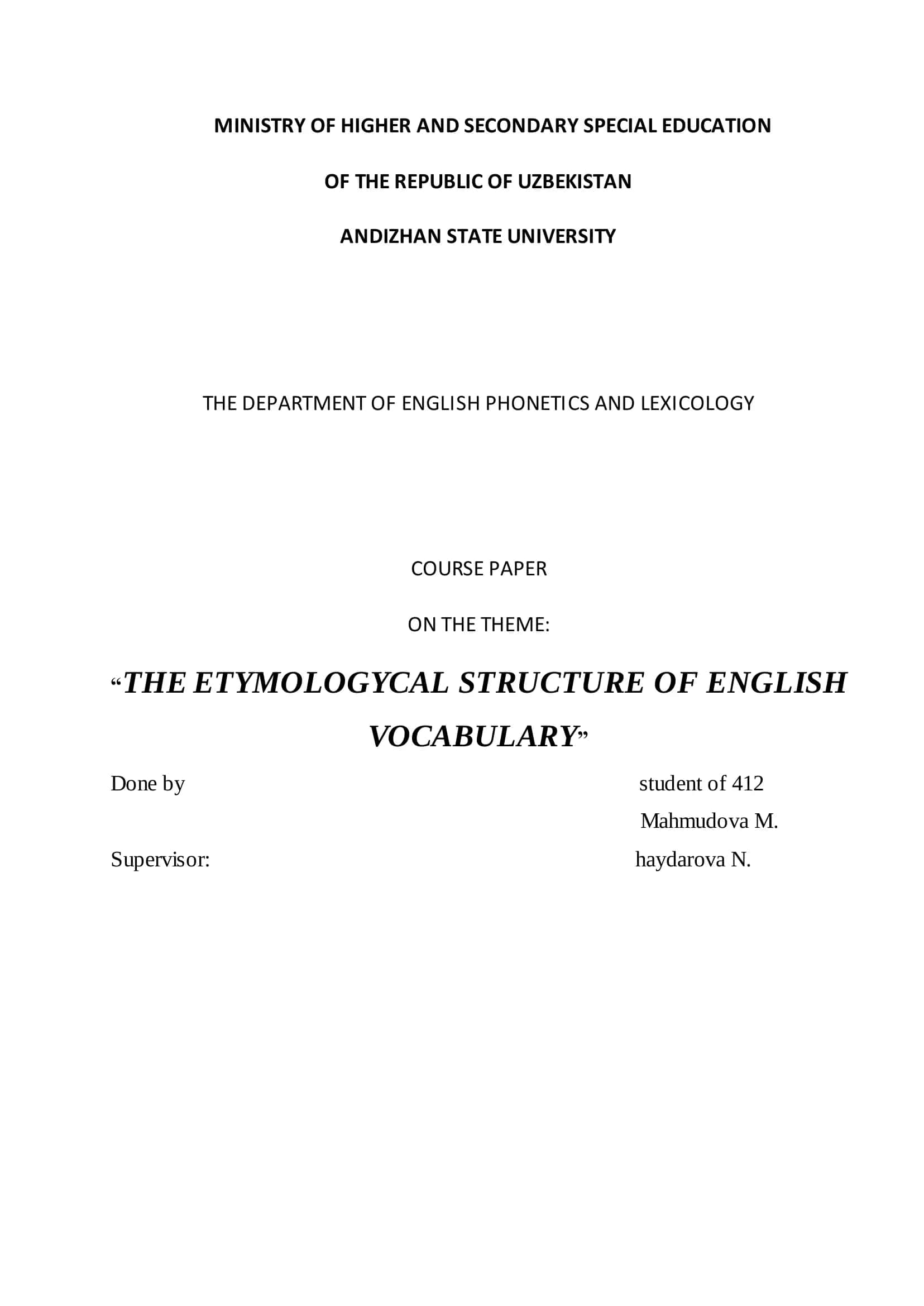 THE ETYMOLOGYCAL STRUCTURE OF ENGLISH VOCABULARY